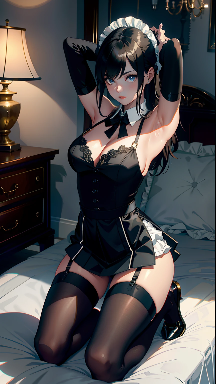 masterpiece, top-quality, Detailed details, Detailed landscapes, beatiful lights, Beautiful Shadows,girl with,Kneeling, ((Get down on one knee),Stretch your chest),close legs,26 year old,Black eyes,Bewitching look,Challenging look,a miniskirt,Slit skirt,(Maid appearance),Breakdown,Bare legged,model poses, detailed skin textures, Tyndall effect,mansion,bedroom,on the beds,Candlelight