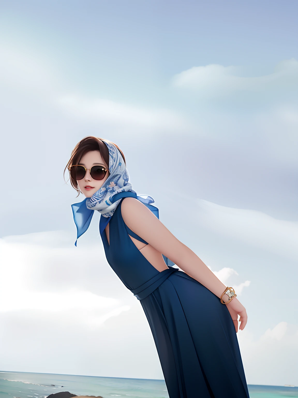 Woman in blue dress and scarf standing on the beach,The background is the ocean, digital art of an elegant, in style of digital illustration, Guviz-style artwork, style digital painting, in style of digital painting, Sunglasses and scarf, digital painting style, in the art style of bowater, elegant digital painting, with sunglass