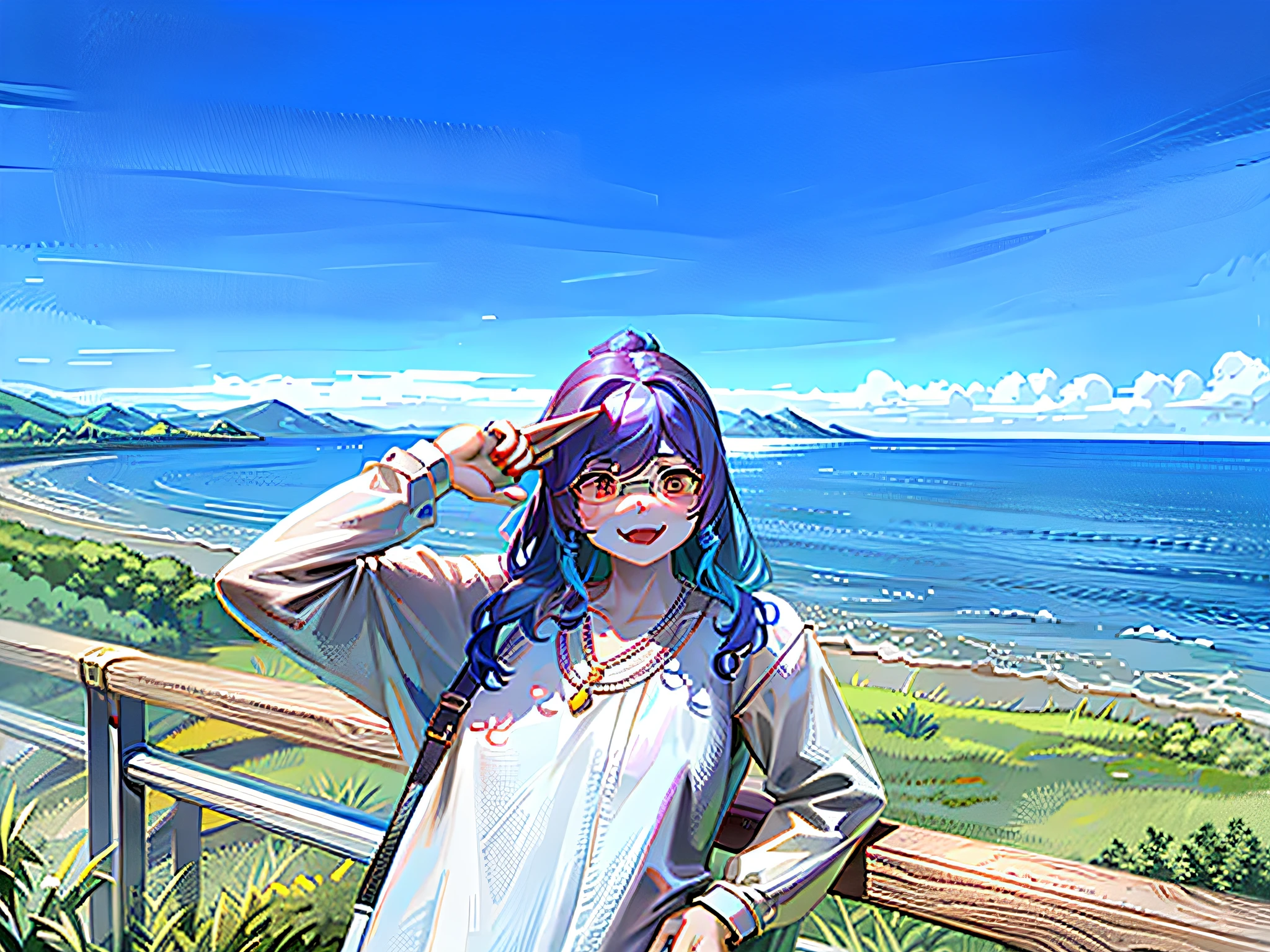 Woman standing on a wooden railing overlooking a body of water, vacation photo, the ocean in the background, Zhang Wanting, the ocean in the background, standing at the beach, Lake in the background, with sunglass, jeremy cheung, xintong chen, wenfei ye, Standing near the beach, In sunny weather, Sunny day, Gemma Chen, on a bright day
