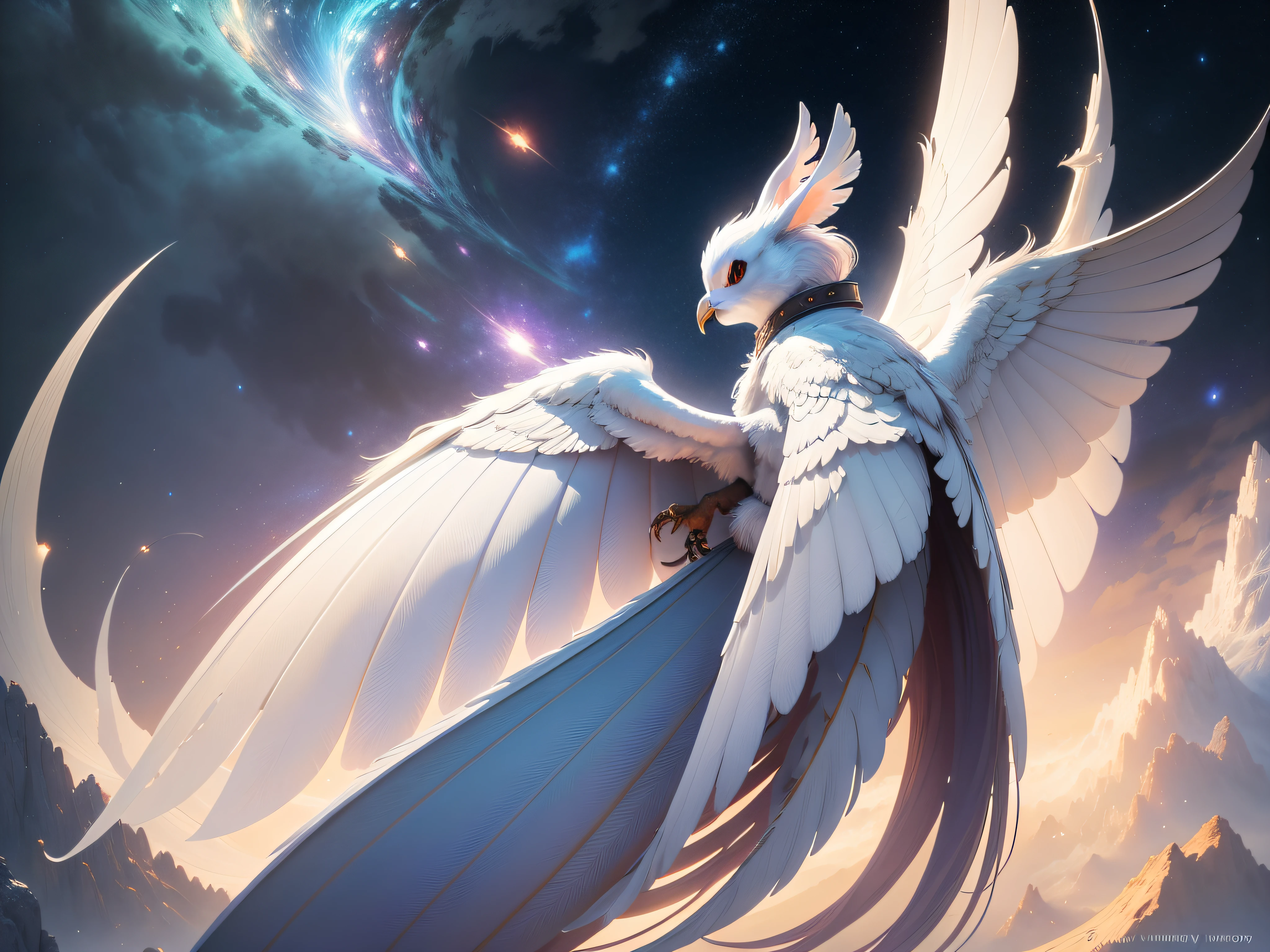 https://lexica.art/prompt/c57faafd-37d8-4f63-9f86-51ae7f0c9c5eBrown https://www.birdspot.co.uk/wp-content/uploads/2022/06/white-dove.jpg https://www.innovationnewsnetwork.com/wp-content/uploads/2021/02/Primordial-galaxy-696x392.jpg flying dwarf bunny rabbit with wings white nose as a fantasy art by Donato Giancola and James Gurney, digital art, trending on artstation, forest background, galaxy sky