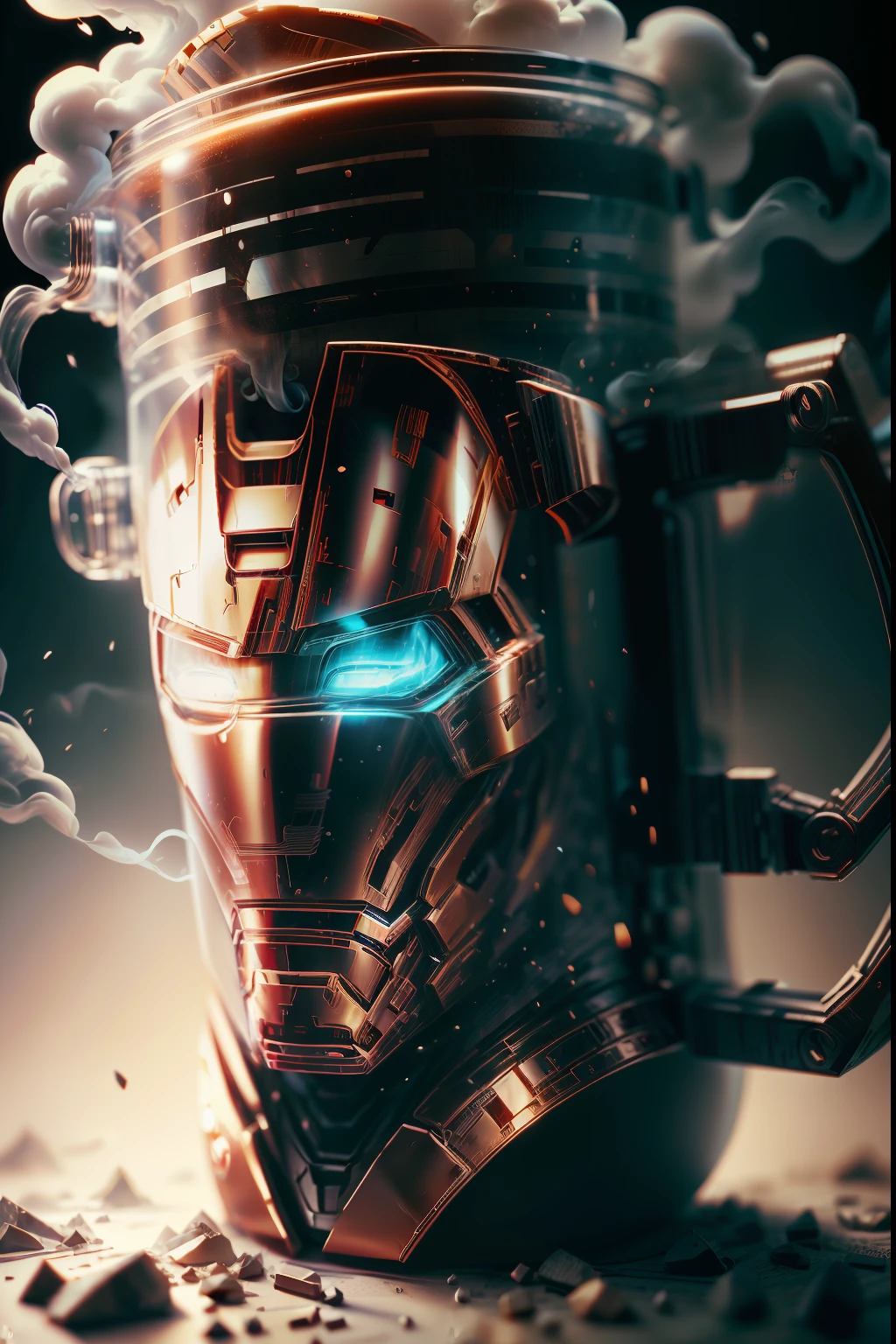 A Mug design with iron man costume, surrounding magic smoke,ultra stable, front view,real mug, realistic,full view