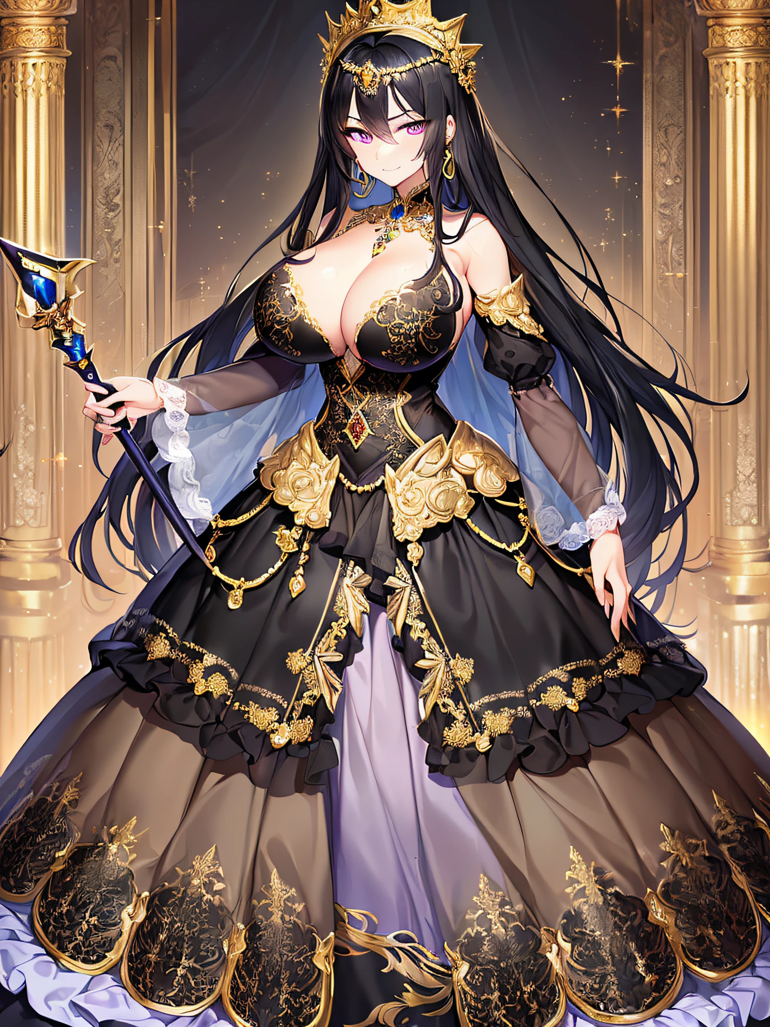 ((anime artstyle)),(Masterpiece),(Best Quality),(Super Detail),(Very Delicate and Beautiful),Solo,((full body)),((BlingBling)),((1 arrogant princess in beautiful embroidery black and gold gorgeous rococo ballgown with  voluminous full length hoop skirt)),((crinoline)),gorgeousfull embroidery,Long train((arrogant,haughty)),(((arrogant smile))),Sharp eyes,(holding a luxurious scepter),(gorgeous gemstone jewelry),detailed face and eyes,jewel-like eyes,Purple eyes,(Bangs between eyes),((large amount of straight hair,extremely Long voluminous black Hair)),((gigantic tits,Long tits)),gorgeousfull embroidery,cleavage,extremely gorgeousfull hair ornament,(bling-bling extremely gorgeousfull jeweled tiara),gorgeous corsage,(Dynamic Angle),Looking at viewer,((full body)),((beautiful embroidery and glitter jeweled black and gold gorgeous rococo ballgown with voluminous full length hoop skirt))