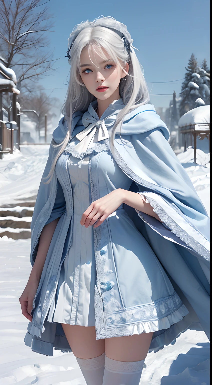 Photorealistic, high resolution, 1 Women, Solo, (Lolita costume),Gorgeous costumes,Face the audience,The upper part of the body,upper legs, beautidful eyes, White hair, ringed eyes, (outside,Heavy snowfall,Cloak,Cover with snow),snowfield,Blue eyes,Illustrations of the highest quality,A meticulous face