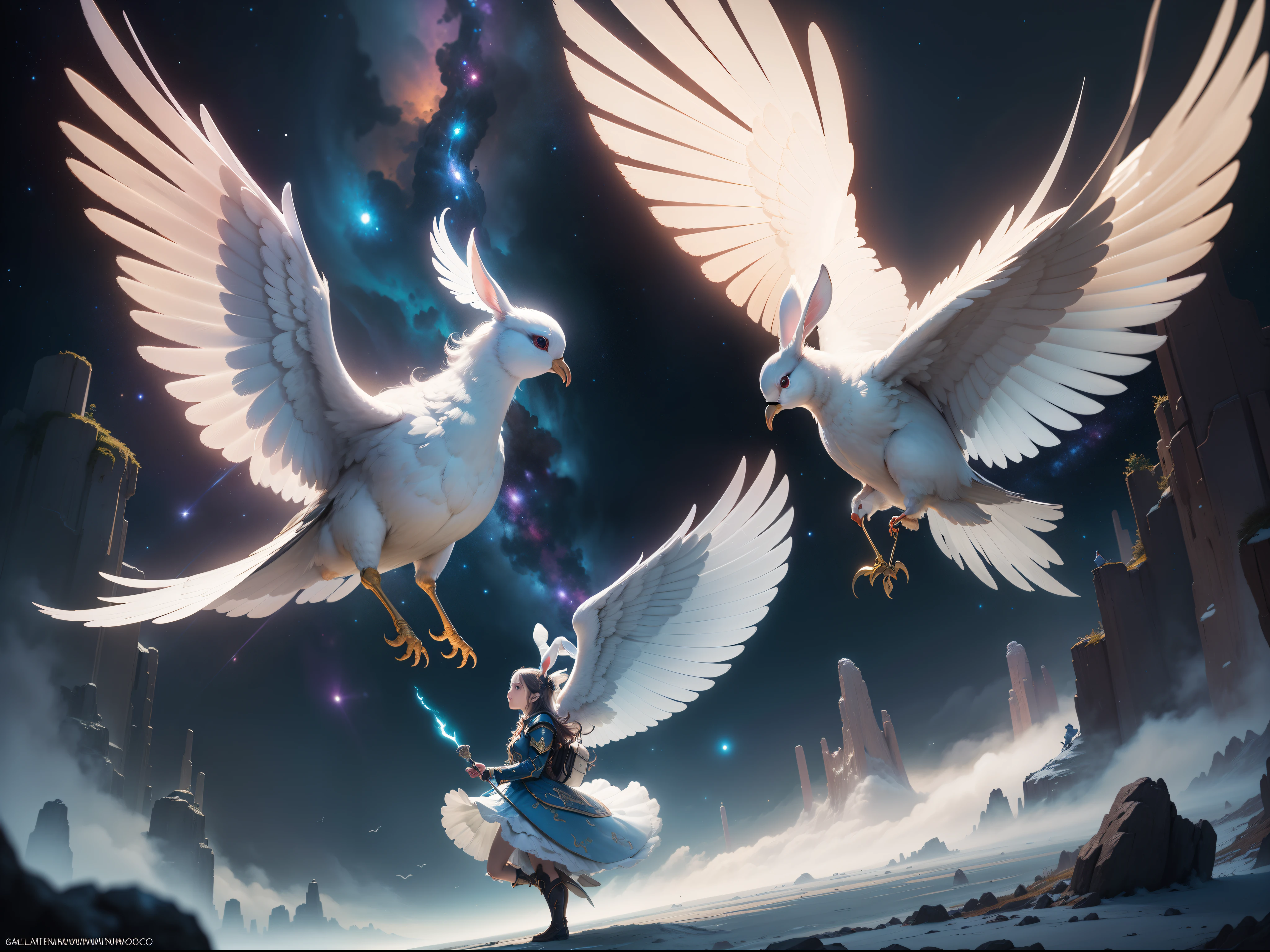https://lexica.art/prompt/c57faafd-37d8-4f63-9f86-51ae7f0c9c5eBrown https://www.birdspot.co.uk/wp-content/uploads/2022/06/white-dove.jpg https://www.innovationnewsnetwork.com/wp-content/uploads/2021/02/Primordial-galaxy-696x392.jpg flying dwarf bunny rabbit with wings white nose as a fantasy art by Donato Giancola and James Gurney, digital art, trending on artstation, forest background, galaxy sky
