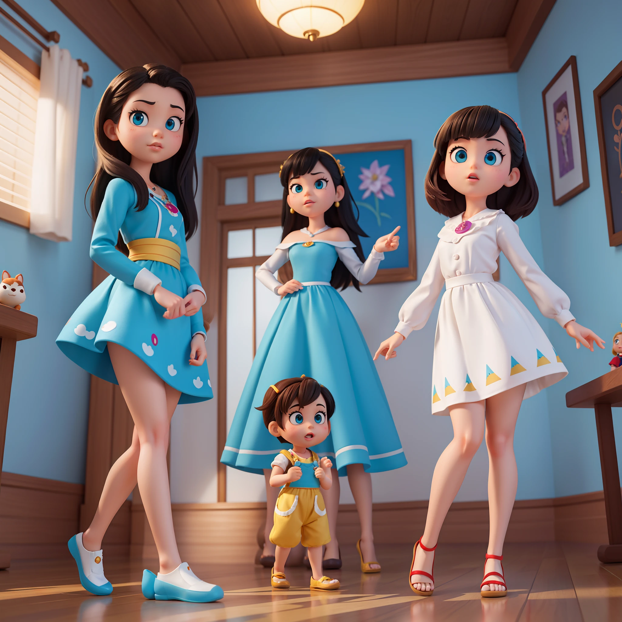 1large doll and three small dolls that are posed together in a room, in style of disney animation, No estilo de Ross Tran, Arnold Maya render, animated film, estilo de personagem disney, renderizado em corona, Arte infantil em Artstation, animation style rendering, renderizado em Arnold, no estilo da Disney Pixar, Estilo Ross Tran, estilo dos desenhos animados, disney render, animado