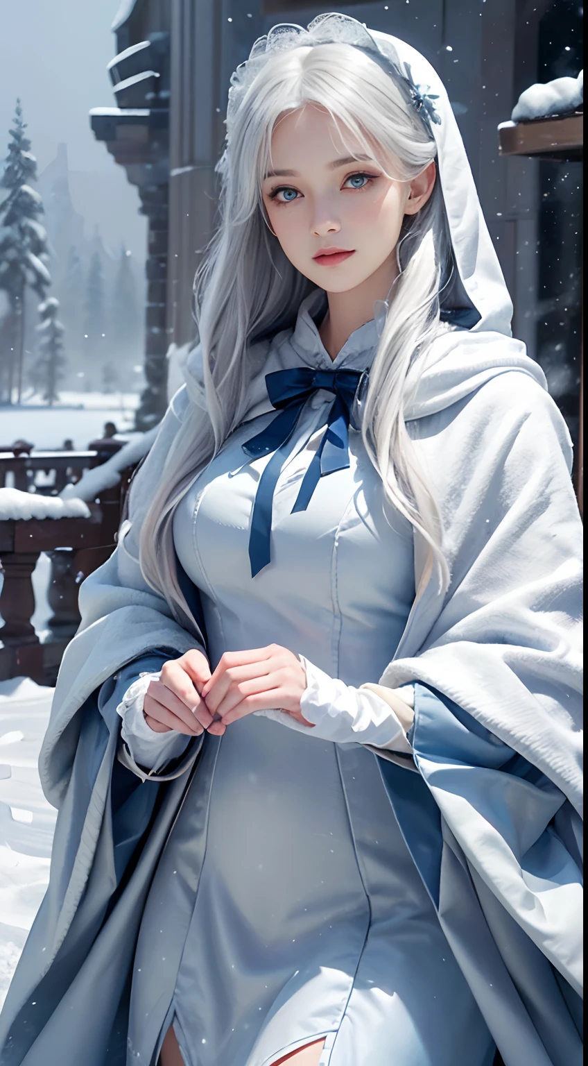Photorealistic, high resolution, 1 Women, Solo, (Lolita costume),Gorgeous costumes,Face the audience,The upper part of the body,upper legs, beautidful eyes, White hair, ringed eyes, (outside,Heavy snowfall,Cloak,Cover with snow),snowfield,Blue eyes,Illustrations of the highest quality,A meticulous face