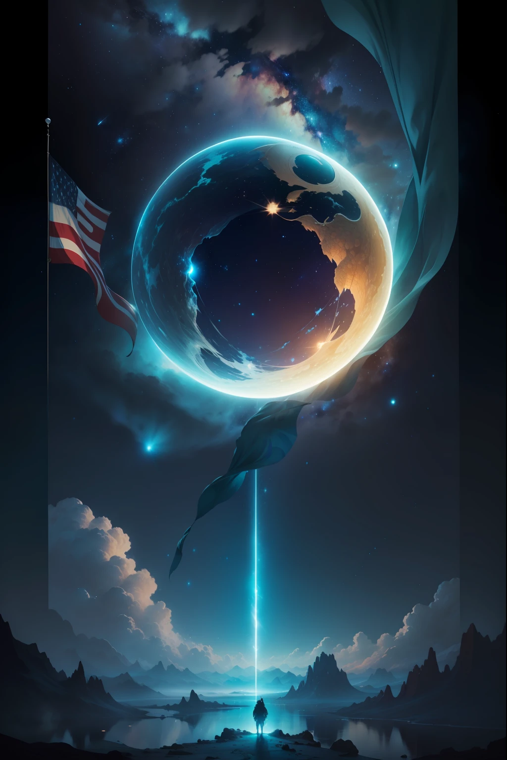 The sky is full of stars,Gorgeous cyan banner printed with a dragon motif,Desolate endless wilderness,The Milky Way is splendid,The sun and moon shine together,Smoke rises,The flag is flying,The vast river of stars is set against the backdrop of stars,Artistic lighting,Exquisite and authentic