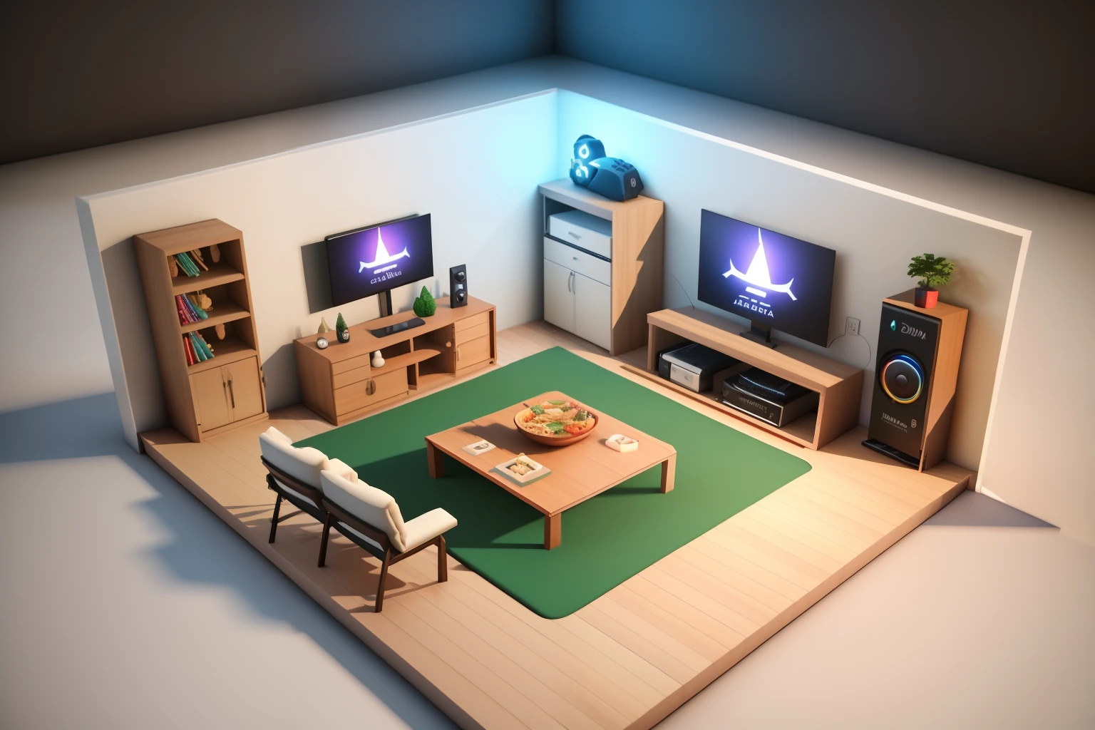 isometric style, 120 graus precisos, arte em poli, 3d rendering stylized, sala gamer, cena estilizada em 3D, Escuro,