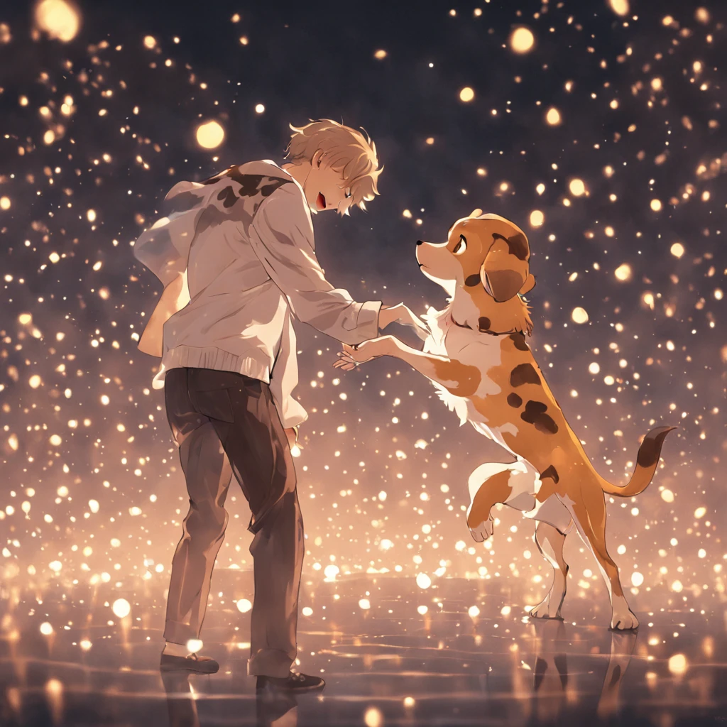 A white and brown puppy playing with a polka dot that glows next to its owner, a 27-year-old man with light brown hair wearing a dress shirt and pants;
