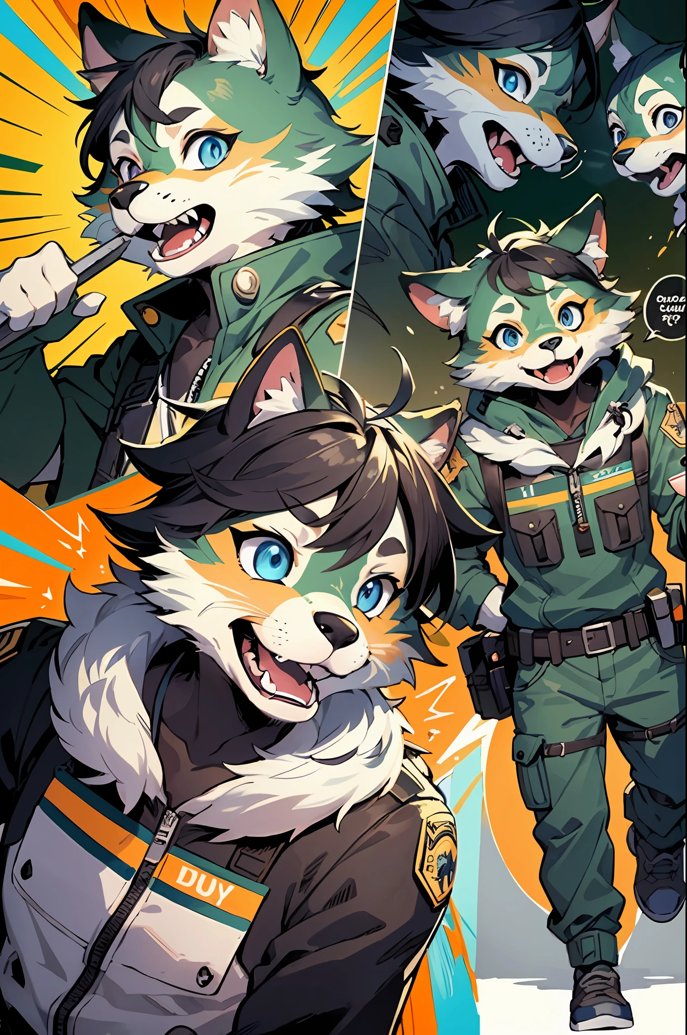 top quality, best quality, highres, masterpiece, super high resolution, detailed background, street, gasping for air(super handsome boys, dog)police officer, swat, police uniform, 6+boys, 6+girls, absurdres(highly detailed beautiful face and eyes)perfect anatomy, good lighting, cinematic shadow(kemono, furry anthro)assorted expressions, assorted poses, assorted angles, full body, upper shot, dynamic angle(boys comic-like panel layouts, speech balloon, English text, Hand-drawn sound effects stickers used in battle comic),