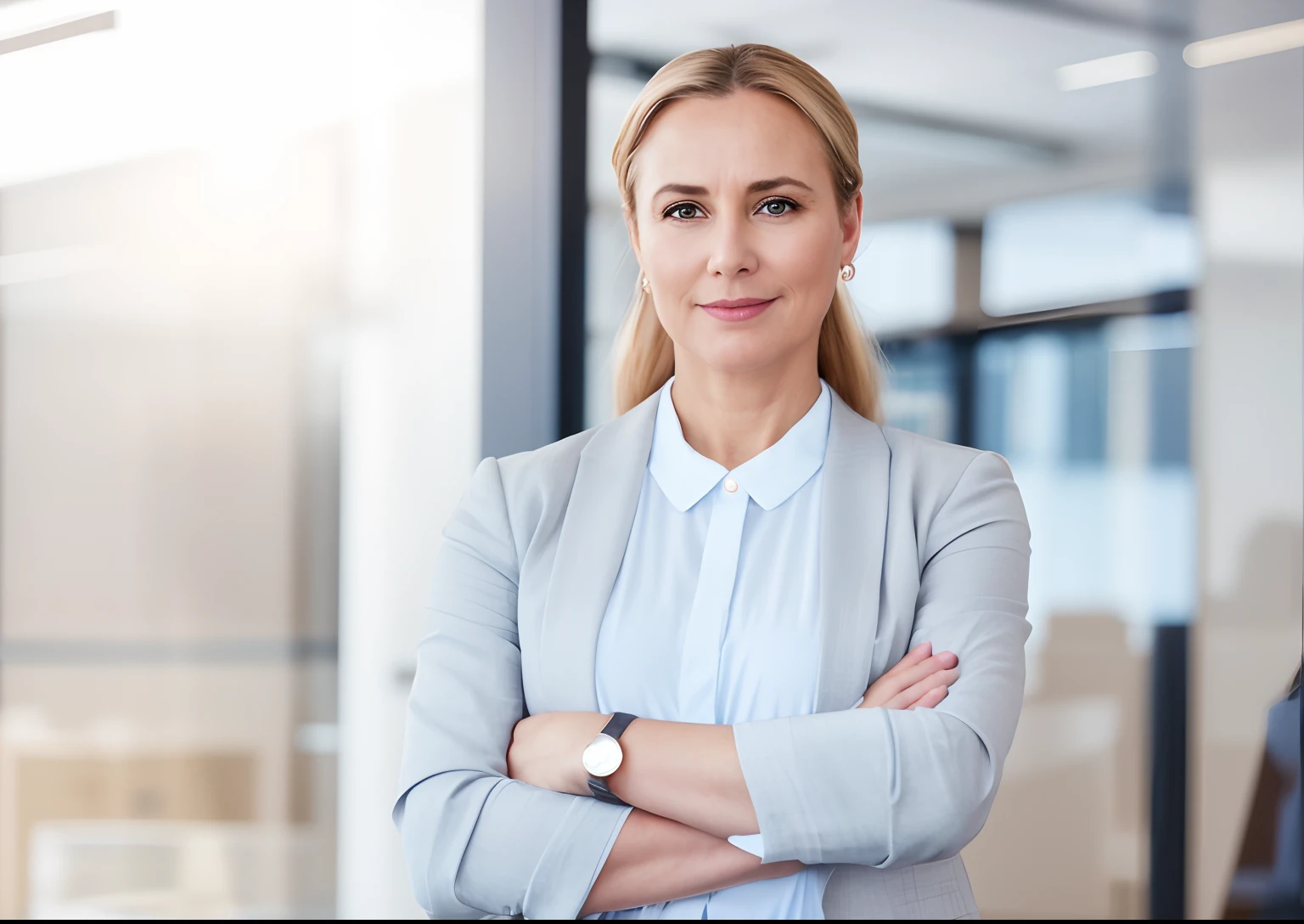 Blonde woman in business attire standing with arms crossed in office, Foto de uma mulher, woman in business suit, mulher atraente, Close portrait, arms crossed on chest, foto profissional bem iluminada, female in office dress, imagem profissional, foto de retrato em close-up, olhar confiante, attractive female, olhar feminino, foto de retrato, folded arms, Face e parte superior do corpo - foco, idade 45-58 anos.