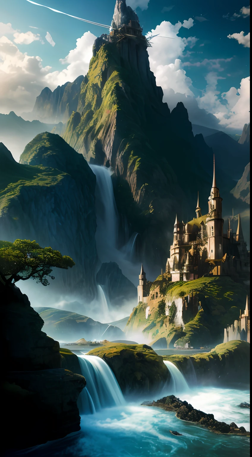 Masterpiece, best quality, high quality, extremely detailed CG unity 8k wallpaper, landscape, outdoor, sky, clouds, sky, no humans, mountain, landscape, water, tree, blue sky, waterfall, cliff, nature, lake, river , cloudy skies, award winning photography, bokeh, depth of field, HDR, bloom, chromatic aberration, photorealism, very detailed, trending on artstation, trending on CGsociety, intricate, high detail, dramatic, half way art