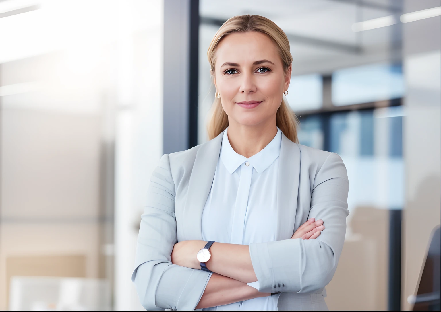 Blonde woman in business attire standing with arms crossed in office, Foto de uma mulher, woman in business suit, mulher atraente, Close portrait, arms crossed on chest, foto profissional bem iluminada, female in office dress, imagem profissional, foto de retrato em close-up, olhar confiante, attractive female, olhar feminino, foto de retrato, folded arms, Face e parte superior do corpo - foco,  idade 45-58 anos.