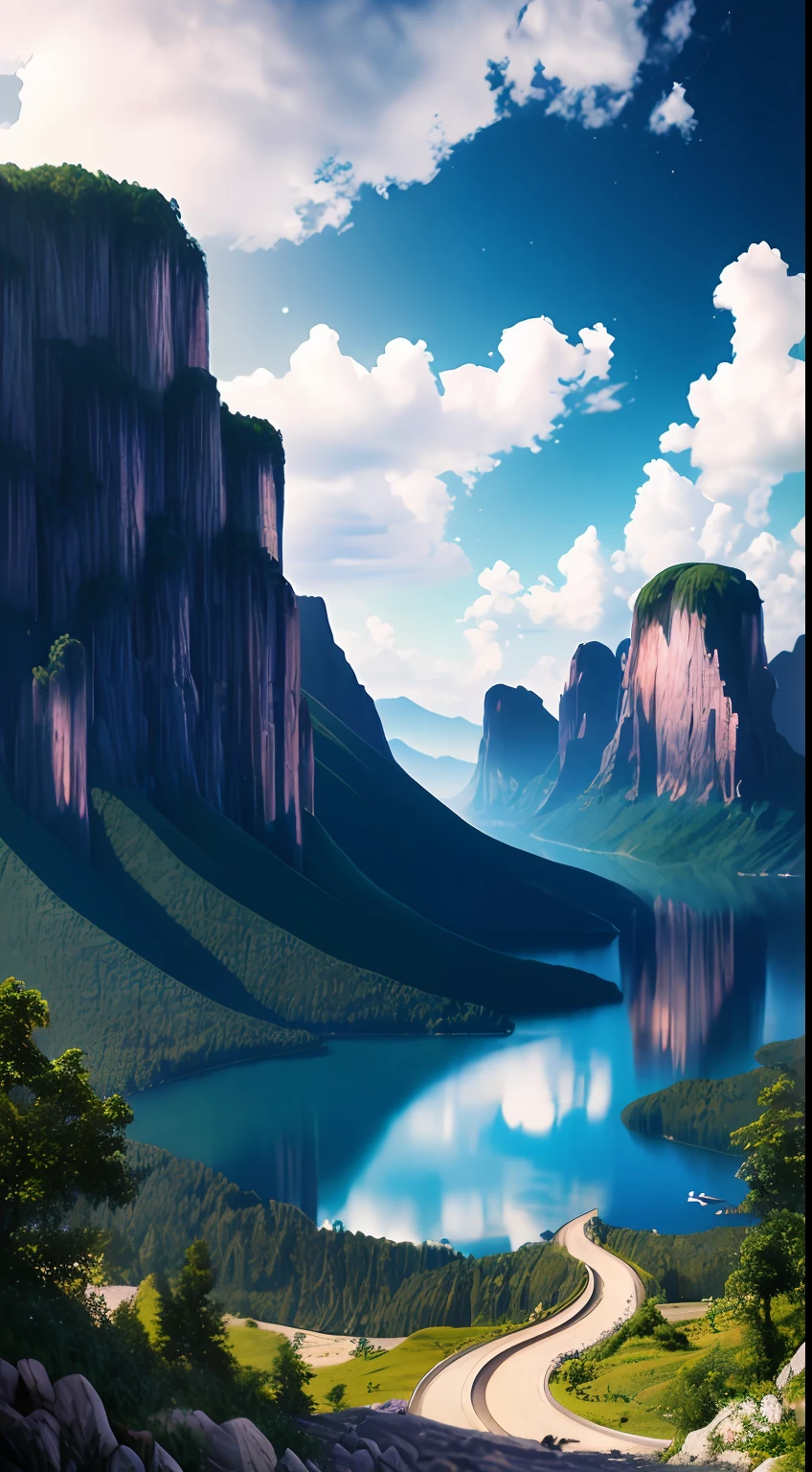 Masterpiece, best quality, high quality, extremely detailed CG unity 8k wallpaper, landscape, outdoor, sky, clouds, sky, no humans, mountain, landscape, water, tree, blue sky, waterfall, cliff, nature, lake, river , cloudy skies, award winning photography, bokeh, depth of field, HDR, bloom, chromatic aberration, photorealism, very detailed, trending on artstation, trending on CGsociety, intricate, high detail, dramatic, half way art