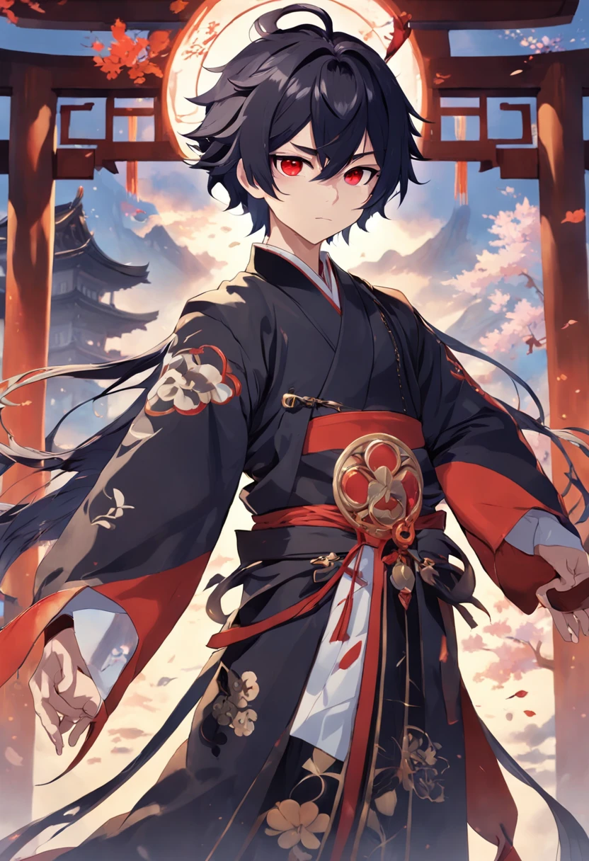 Genshin,,Height 1.8 min.,Slender figure,Detached personality,Japanese Stilb Priest, black hair, red-eyes, deity