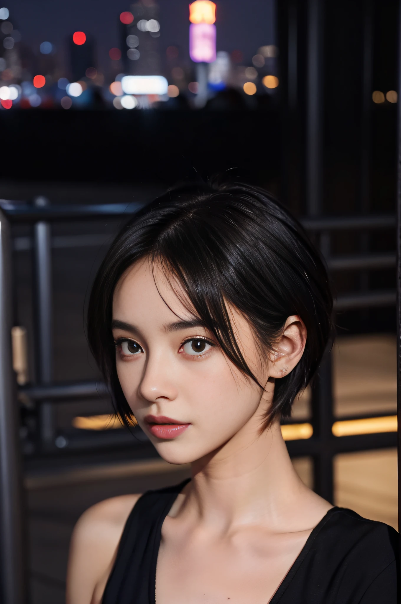 1girl、Tipha Lockhart、25 years old women、Shortcut Hair、natural make up、A well-groomed and beautiful small face、Bust B Cup、Looking at this、New York City at Night