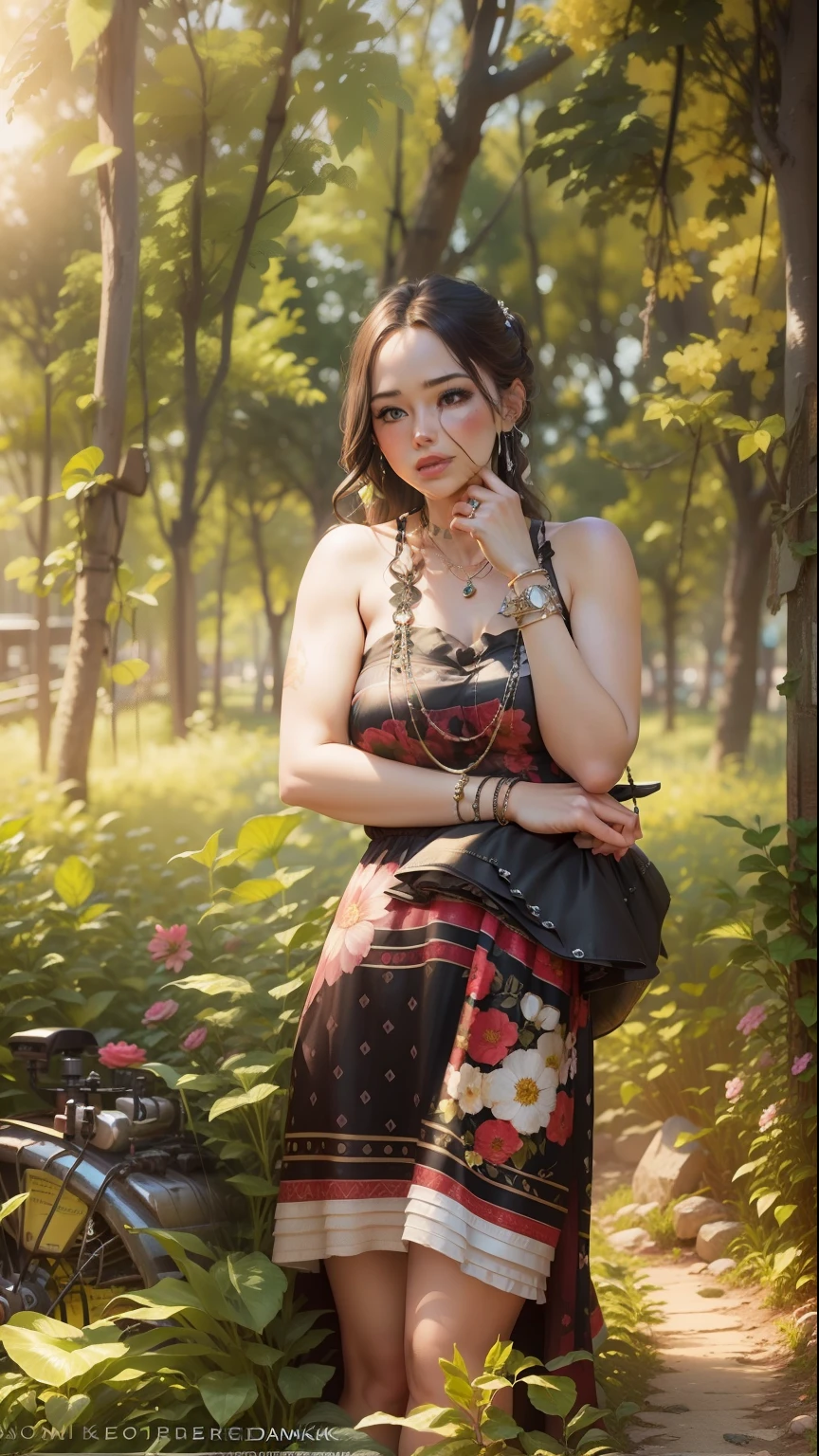 Generator flower Park background do not change this dress a necklace 8k,Ultra realistic women