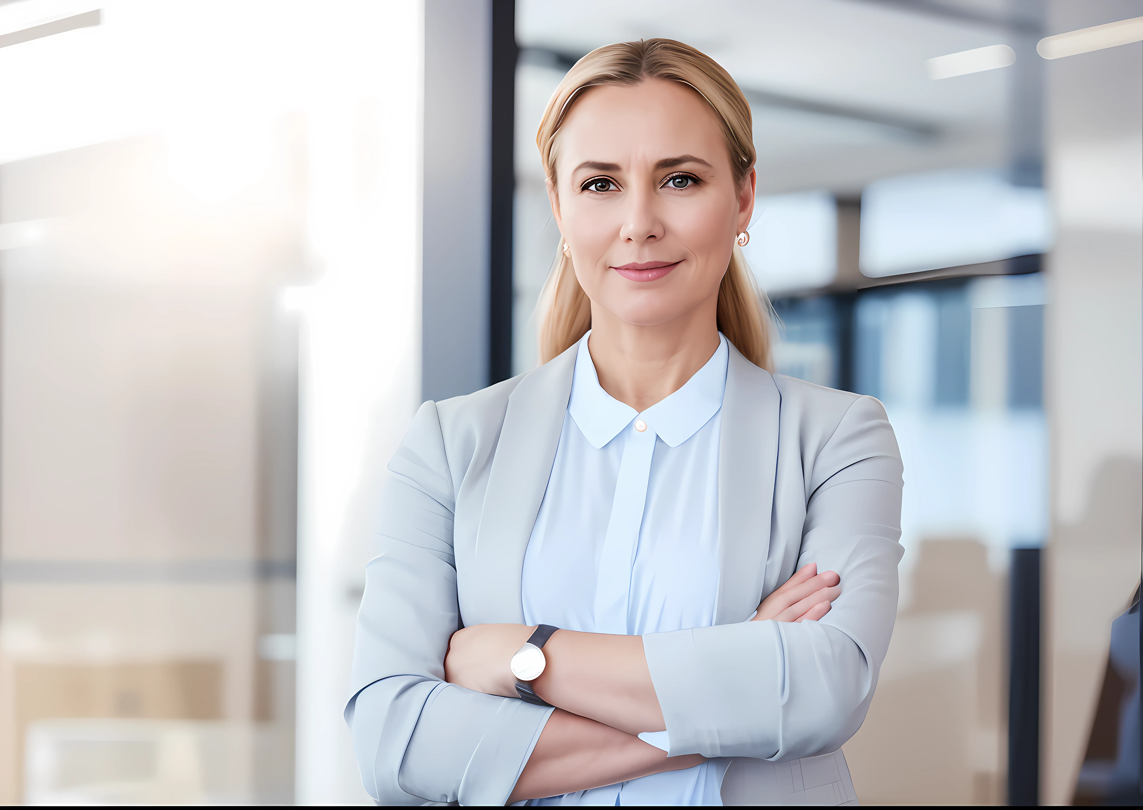 Blonde woman in business attire standing with arms crossed in office, Foto de uma mulher, woman in business suit, mulher atraente, Close portrait, arms crossed on chest, foto profissional bem iluminada, female in office dress, imagem profissional, foto de retrato em close-up, olhar confiante, attractive female, olhar feminino, foto de retrato, folded arms, Face e parte superior do corpo - foco, idade 45-58 anos.