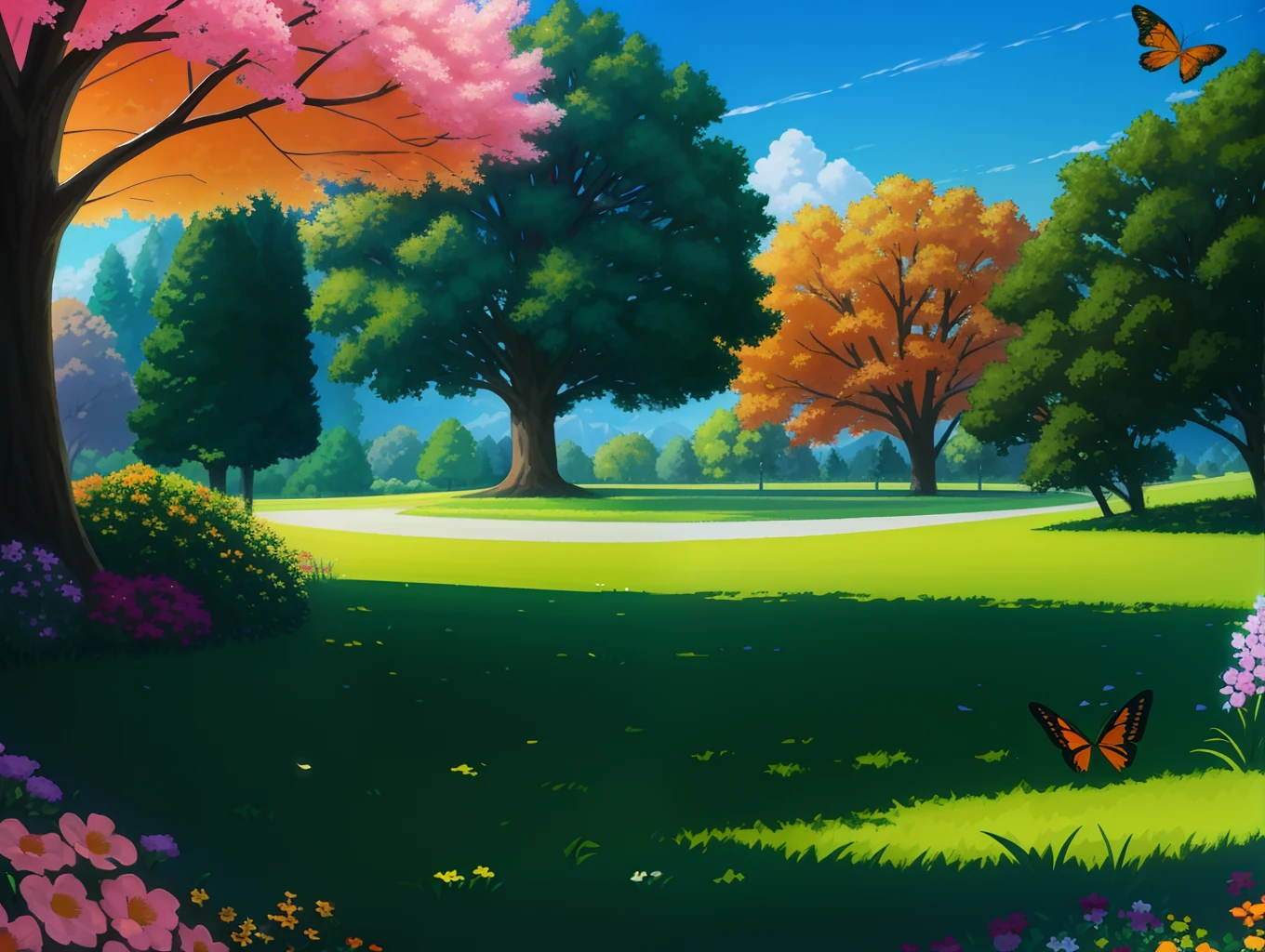 There is a park painting，There are a lot of flowers and trees inside, Park background, background artwork, sunny park background, Anime background art, anime lush john 8k woods, anime landscape wallpapers, anime countryside landscape, arte de fundo, anime backgrounds, Detailed scenery —width 672, scenery wallpaper, 4 k hd wallpaper illustration, Scenic Colorful Environment
