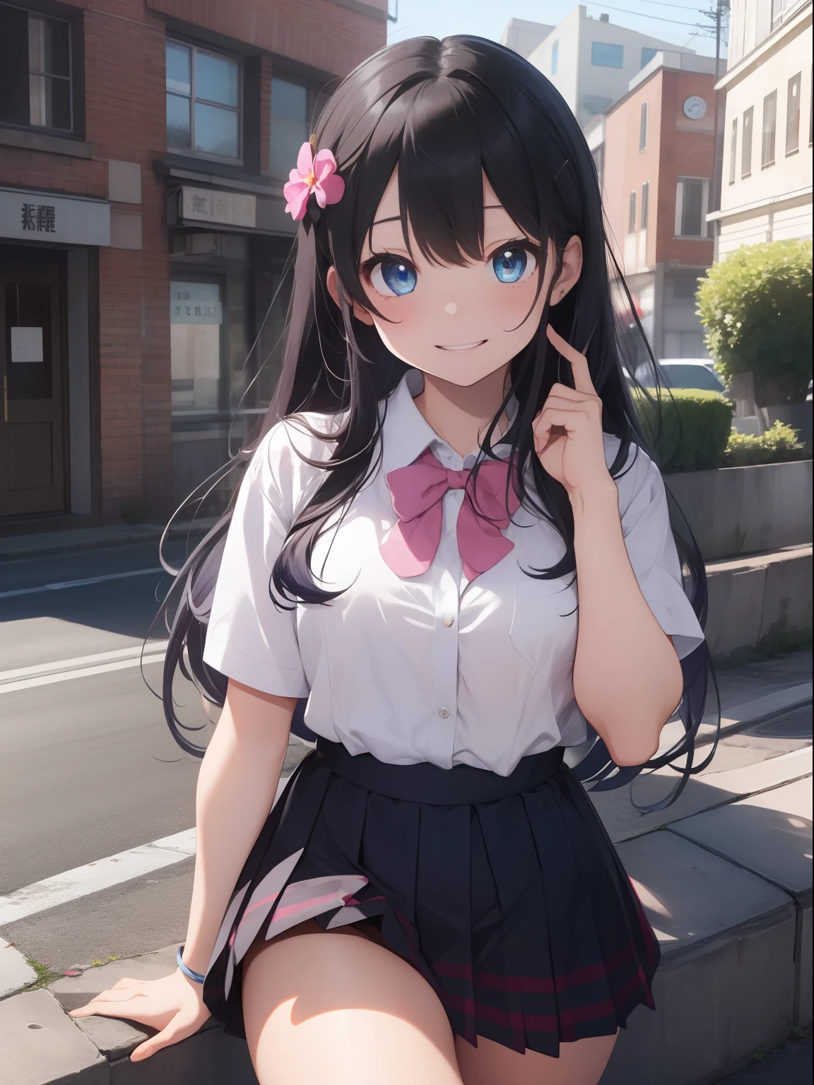 ((Highest Quality)), (Super Detail), 1girl、 Dark blue hair color, Pink_hair,long_hair, Street, White panties, hair between eye, Dark blue eyes, Hair Ornament, Chest, School uniform, short sleeved shirt, Bangs, Black socks, Long hair, 鎖骨, Evil smile, Bangs,  Perfect hands, Hand Details, Fixed finger, up looking_Al_viewer, of the highest quality, rich detail, Perfect image quality,