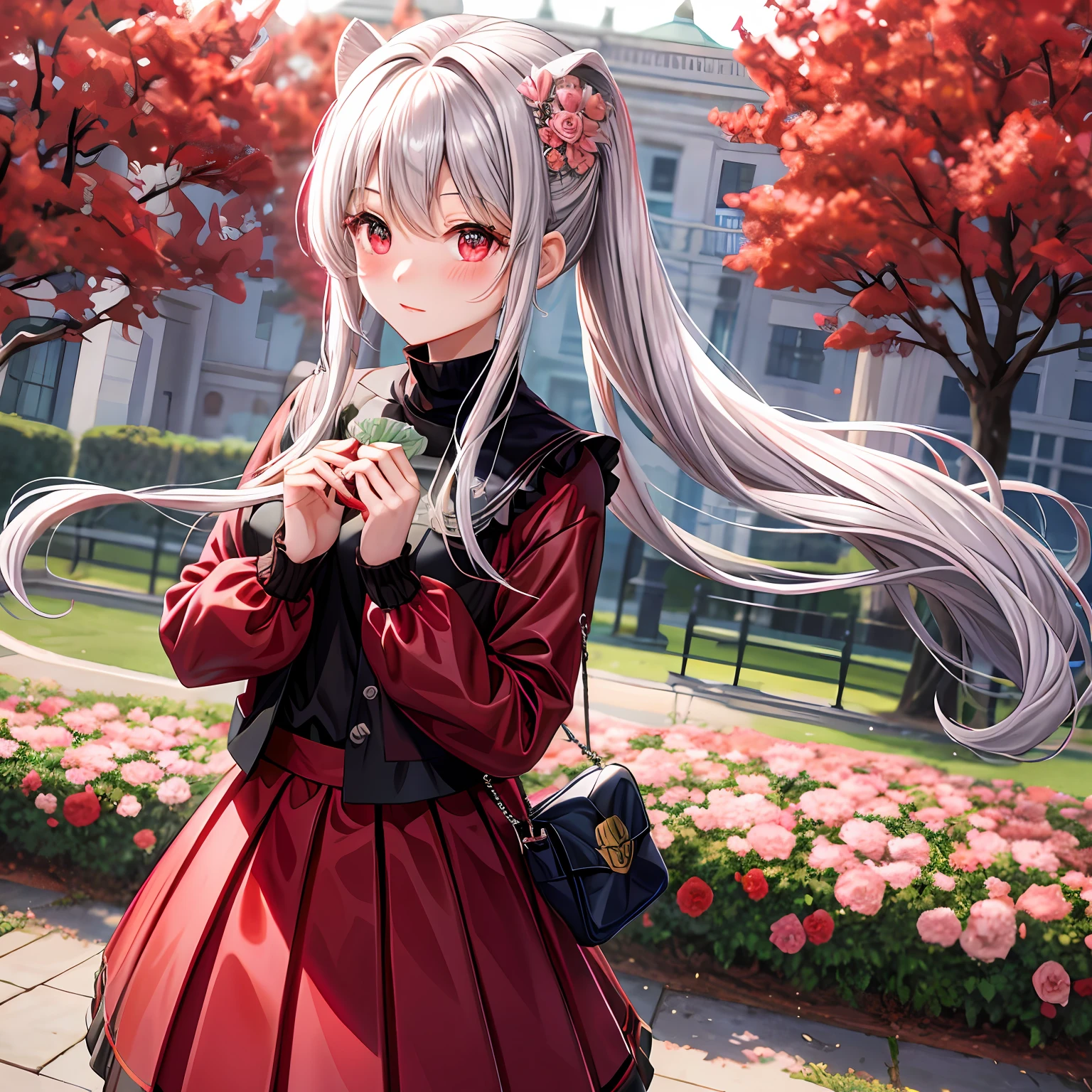 red blush、Silvery hair、poneyTail、red eyes、Beautiful girl alone、animesque、独奏、turtle neck、skirt by the、flower field、
