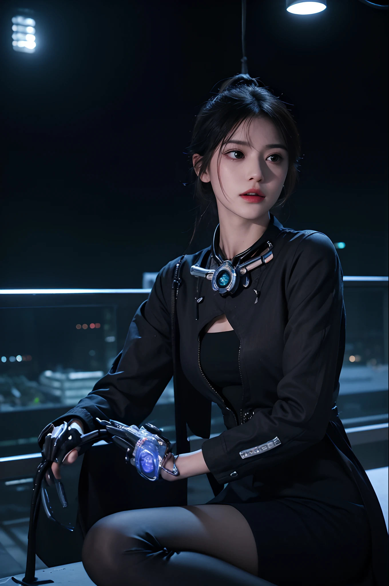 top-quality、​masterpiece、超A high resolution、(Photorealsitic:1.4)、Raw photo、2 girls、full bodyesbian、Black hair、glowy skin、1 Mechanical Girl、((super realistic details))、portlate、globalillumination、Shadow、octan render、8K、ultrasharp、metals、Details of complex ornaments、headset on head、Hydraulic cylinder、highly intricate detail、Realistic light、CGSoation Trends、a purple eye、radiant eyes、Facing the camera、neon details、Mechanical limbs、blood vessels connected to tubes、Mechanical vertebrae attached to the back、mechanical cervical attaching to neck、sitting on、Wires and cables connecting to the head、evangerion、cyberpunked、Small LED lamp、Futuristic skyscraper on background、Flying car flying around、Mechanical airship