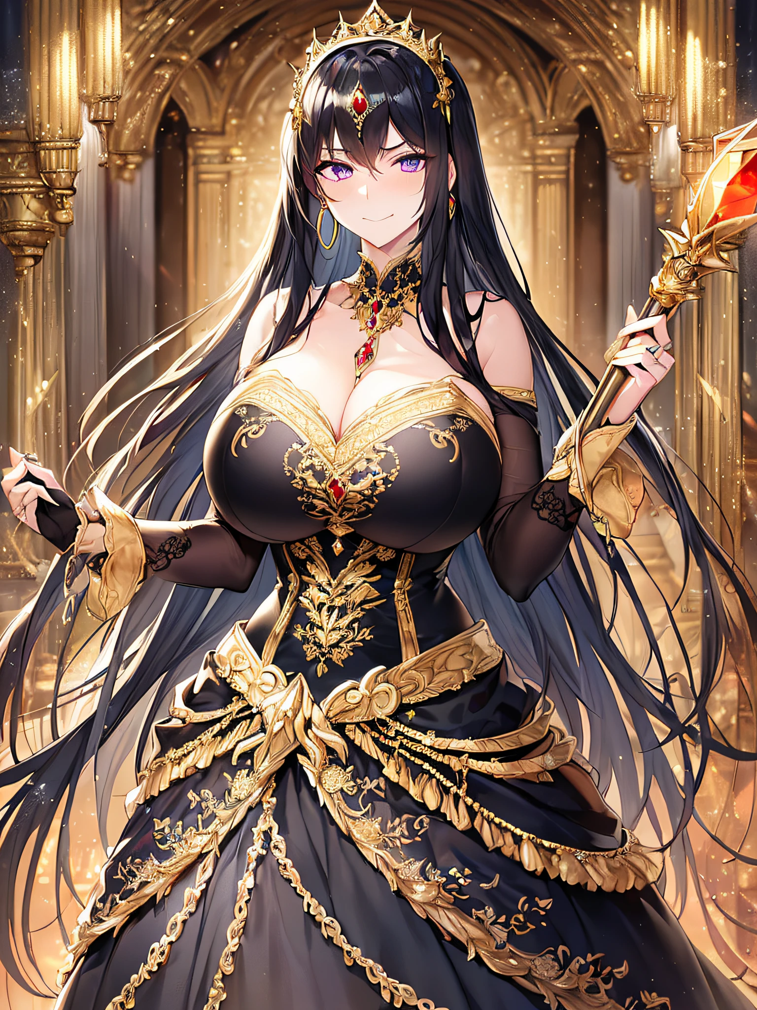 ((anime artstyle)),(Masterpiece),(Best Quality),(Super Detail),(Very Delicate and Beautiful),Solo,((full body)),((BlingBling)),((1 arrogant princess in beautiful embroidery black and gold gorgeous rococo ballgown with  voluminous full length hoop skirt)),((crinoline)),gorgeousfull embroidery,Long train((arrogant,haughty)),(((arrogant smile))),Sharp eyes,(holding a luxurious scepter),((gorgeous gemstone jewelry)),detailed face and eyes,jewel-like eyes,Purple eyes,(Bangs between eyes),((large amount of straight hair,extremely Long voluminous black Hair)),((gigantic tits,Long tits)),gorgeousfull embroidery,cleavage,extremely gorgeousfull hair ornament,(bling-bling extremely gorgeousfull jeweled tiara),gorgeous corsage,(Dynamic Angle),Looking at viewer,((full body)),((beautiful embroidery and glitter jeweled black and gold gorgeous rococo ballgown with voluminous full length hoop skirt))
