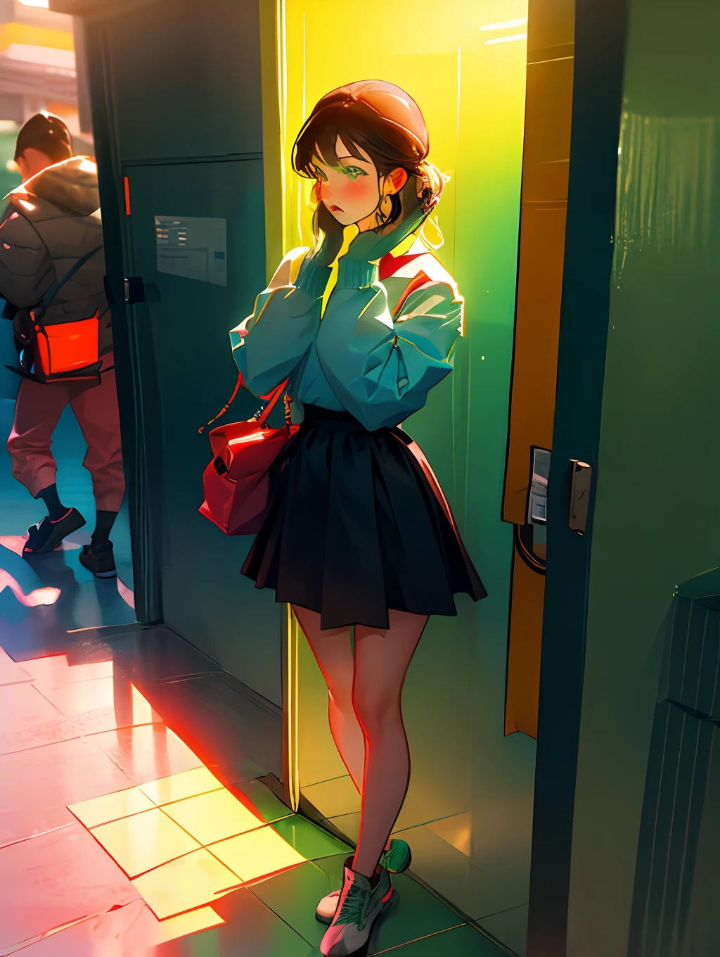 1 girl is taking to lavatory, looking away, standing, Green eyes, embarrassed, blush, Keep one's mouth shut, street (girl is peeing self:0.4)