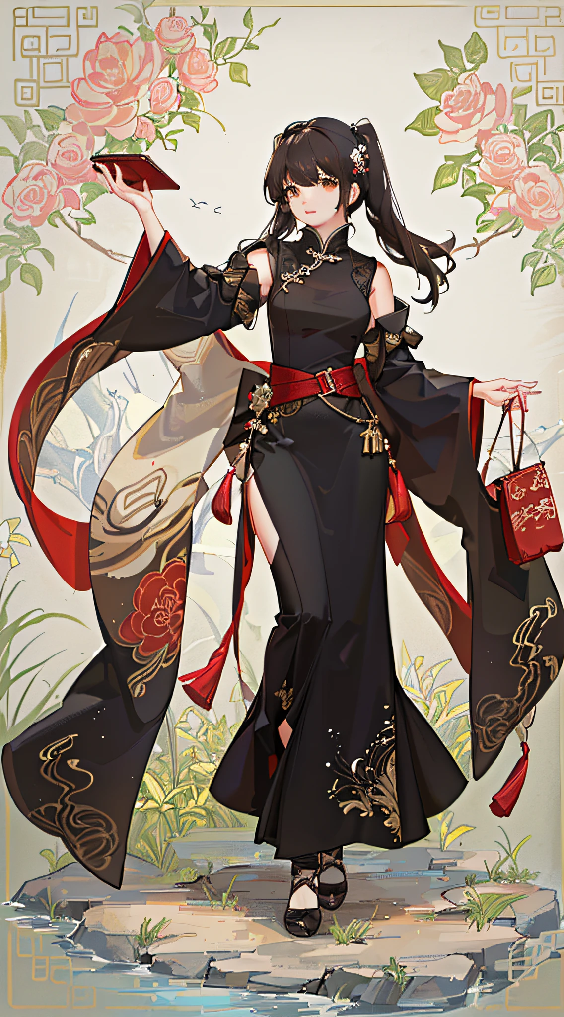 girl,full body,(detailed face:1.2), masterpiece, fashion,chinese dress,, medium hair, black hair, twintails, blunt bangs, brown eyes,