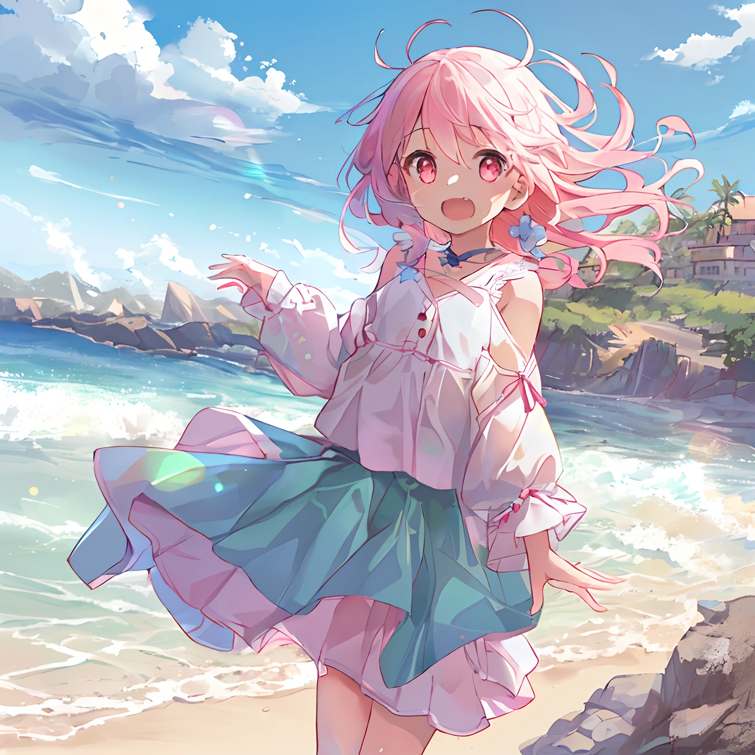 absurderes, hight resolution, (Anime style:1.1), ((masutepiece)), ((Best Quality)), (Ultra-detailed), (Beautiful), 独奏, Beautiful face、(liftup),Cute little girl standing on beautiful beach in Mediterranean Sea,Wind,Pink hair, Fine red eyes,Blue sky,Looking at Viewer,Lens Flare,Dramatic, Beautiful sandy beach、(full body Esbian)、low angles、(Skirt soars in the wind:1.7)、(embarassed face:1.3)、(Cute dress)、Looks fun、(I can see my panties:1.3)