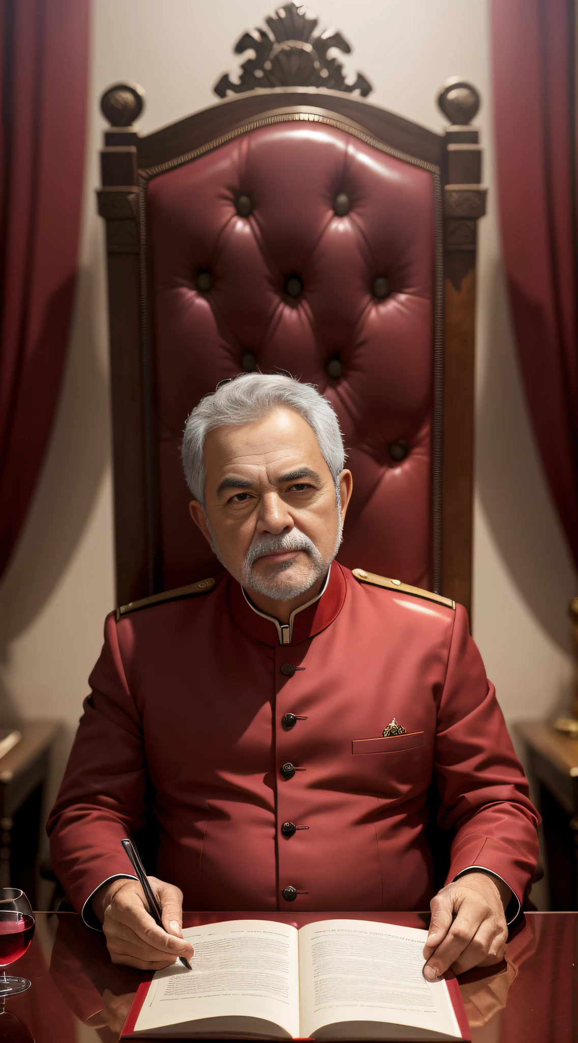 Man in red jacket sitting at a table with a book and glass of wine, Sergey Zabelin, Retrato do Imperador da Humanidade, Retrato de um general louco, retrato imperial, Retrato tirado 8 K, insert the face of LUIS INÁCIO LULA DA SILVA