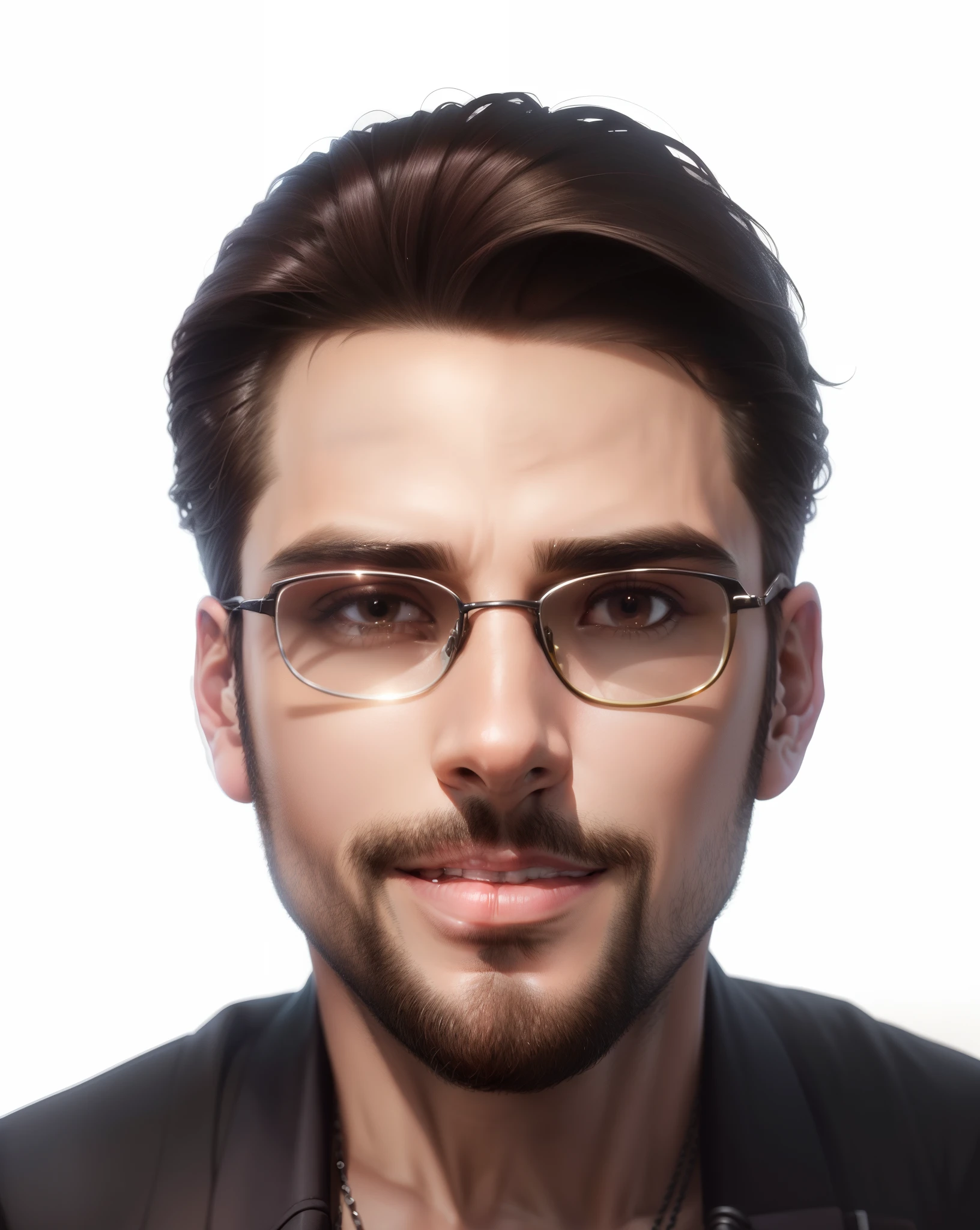 "Handsome male model with a confident expression, perfect hair and stylish sunglasses, illuminated by a captivating light effect, showcasing a charming smile."