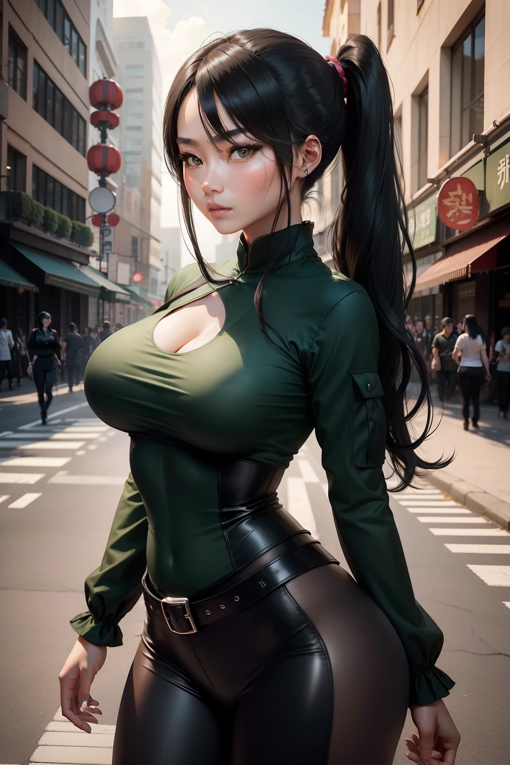 Big huge ginormous breasts, beautiful women, Green hair，Huge breasts，Black eyes，(ridiculously large breasts)、(Ridiculously huge breasts)、(huge udder), city, urban