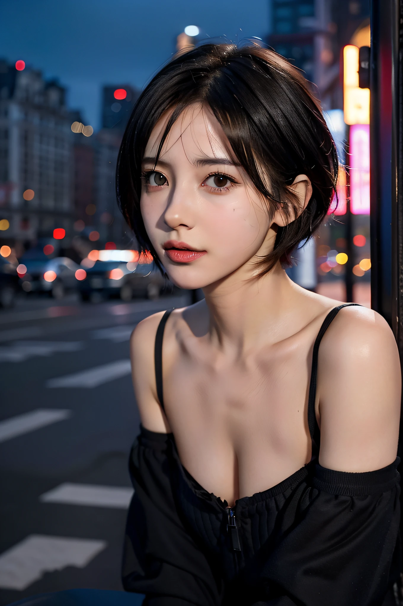 (in the darkness nigth:1.6),Surrealist portraits of women by David Hockney and Alphonse Mucha,Fantasyart,photographrealistic,动态照明,art stations,poster for,Volumetriclighting,Very detailed faces,8 k'',Award-Awarded,,1girll,Female Student,During the day on the street,deepshadow,low tune,cowboy lens,(Ice silk pajamas:1.4),Air bangs short hair,pendant,full bodyesbian,Bigchest,high qulity,k hd,Street photography,High Street,城市,exteriors,the street
