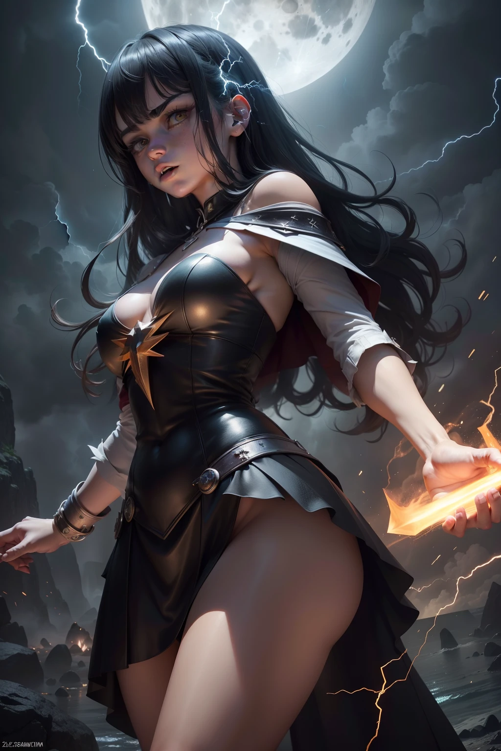 (8k, Fotos RAW, melhor qualidade, tmasterpiece: 12), (cartoon, desenho cartoon: 1.37), Hiperdetalhamento, ultrahigh-resolution, Mage summoning a spell, arms spread open, Detailed serious face, night with a lot of lightning, muitos detalhes na cena, full moon lighting