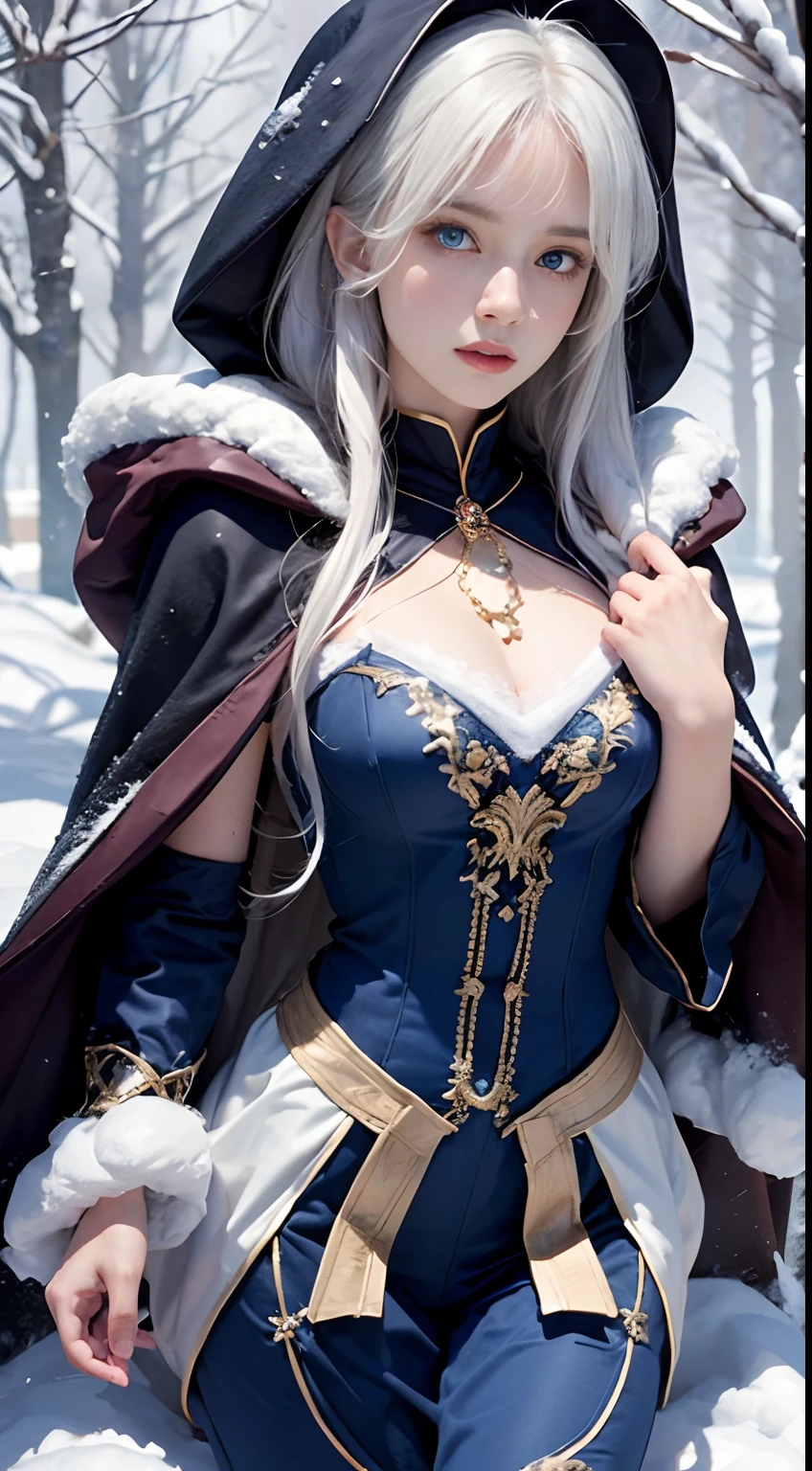 Photorealistic, high resolution, 1 Women, Solo, (Lolita costume),Gorgeous costumes,Face the audience,The upper part of the body,upper legs, beautidful eyes, White hair, ringed eyes, (outside,Heavy snowfall,Cloak,Cover with snow),snowfield,Blue eyes,Illustrations of the highest quality,A meticulous face