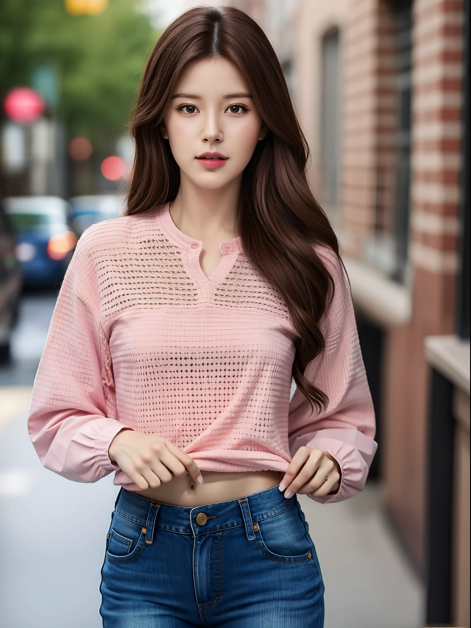 (pink lace bra, shirt lift, lifted by self:1.2), ((Best quality, 8k, Masterpiece :1.3)), Sharp focus :1.2, A pretty woman with perfect figure :1.4, Slender abs :1.2, ((Dark brown hair, Big breasts :1.2)),City street:1.2, Highly detailed face and skin texture, Detailed eyes, Double eyelid, (despise:1.5), skinny jeans, cowboy shot,
