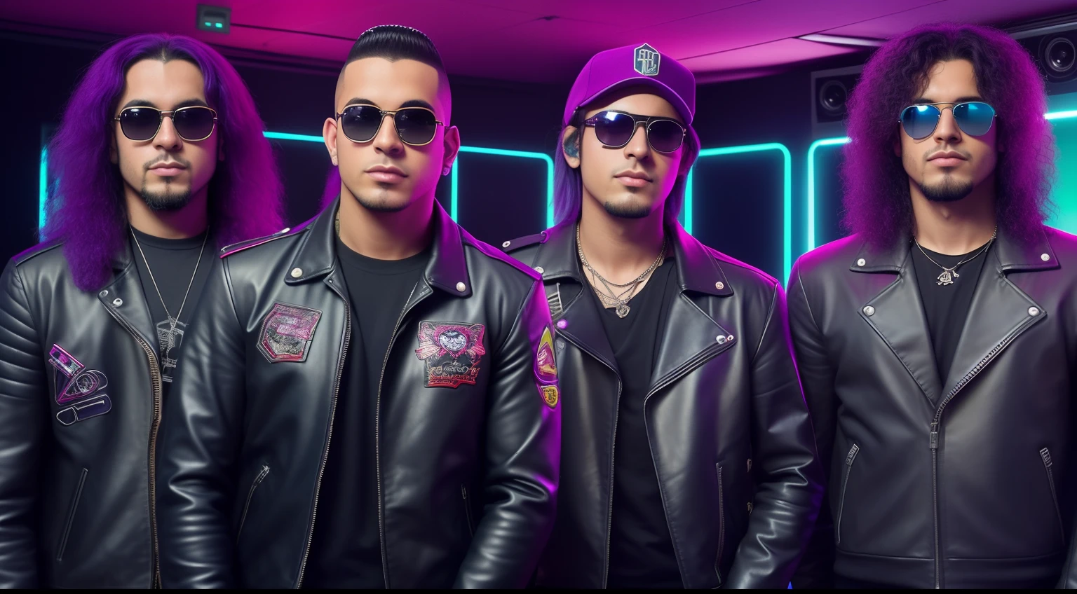 3 MENINOS LOIROS CABELOS LONGOS, in black leather jackets and sunglasses, de meio corpo, LUZES PURPLE SUAVES DE FUNDO, posando para uma foto, foto de alta qualidade, imagem de muito baixa qualidade, foto promocional de banda de rock pesado, fosforescente, Promo de banda de heavy metal, Photo of a promotional session, of the highest quality, Foto de Guerra, Scooters ( Banda EDM, vibe esquerda, the band name is roborock, com instrumentos, guitarra , baixo, bateria
