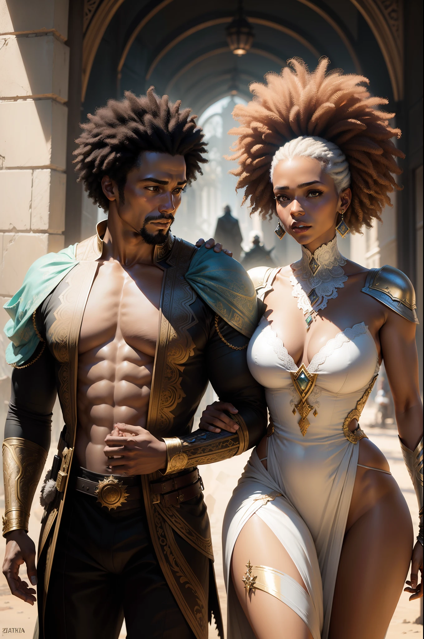 casal homem e deusa afro da luz e dos sonhos por Hans Zatzka, Craig Mullins, trending on ArtStation, Manitoba Contemporary Art