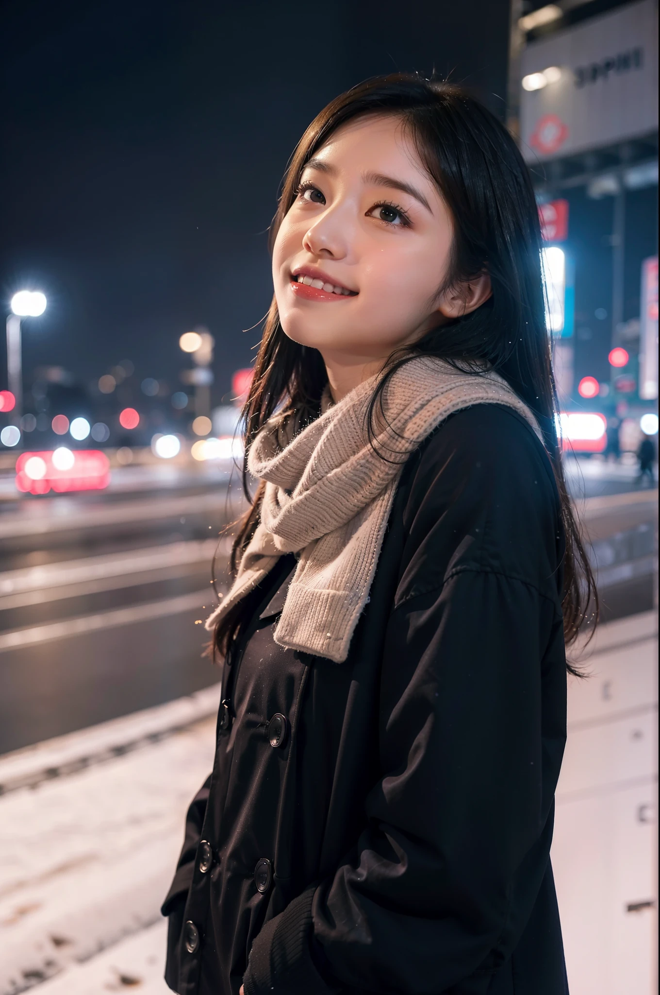 Beautiful girl looking up at snow falling、 snow in the air、Night time、In front of Shinjuku station, Detailed face,, (Super Cute:1.6),Smiling、Detailed skin, view camera