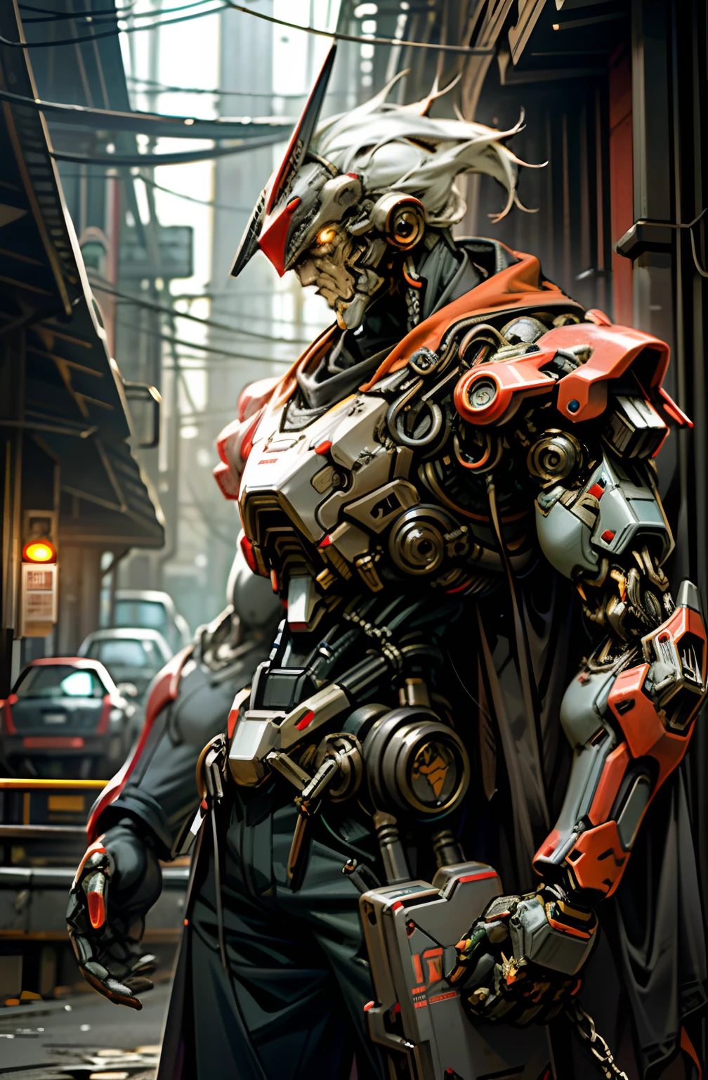 Dark_Fantasy,Cyberpunk,(chain saw,chain saw man,Red:1.1),1man,Mechanical marvel,Robotic presence,Cybernetic guardian, wearing a worn-out mech suit, intricate, (steel metal [rusty]), elegant, clear focus, shot by greg rutkowski, soft lighting, vibrant colors, masterpiece, ((street)), cowboy shot, dynamic pose,