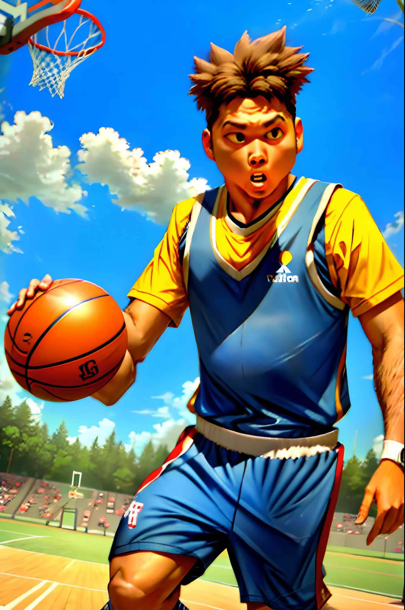Chicken playing basketball in suspenders