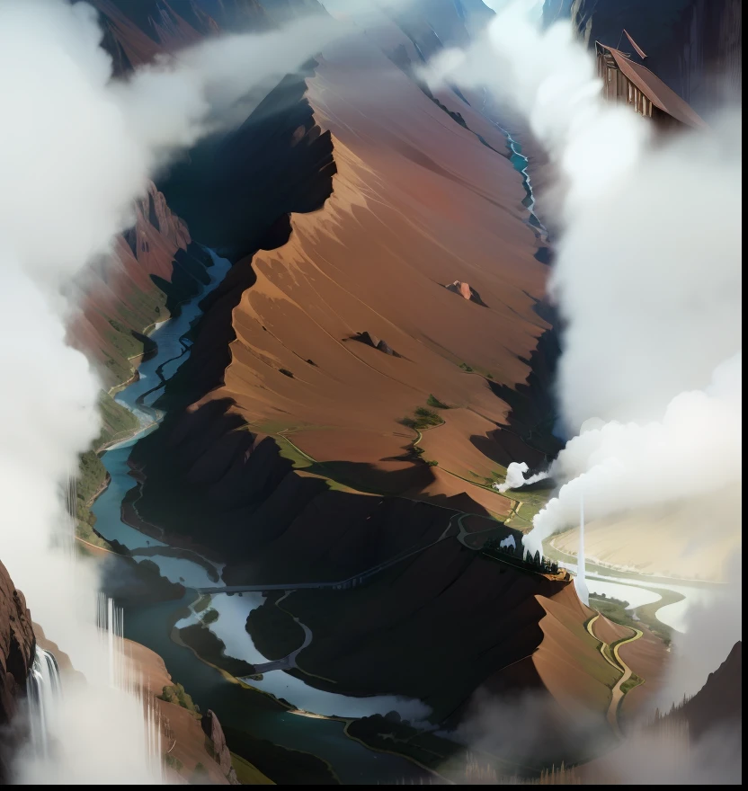 mountain ranges，Meandering river，ln the forest，blue-sky，village，Smoke