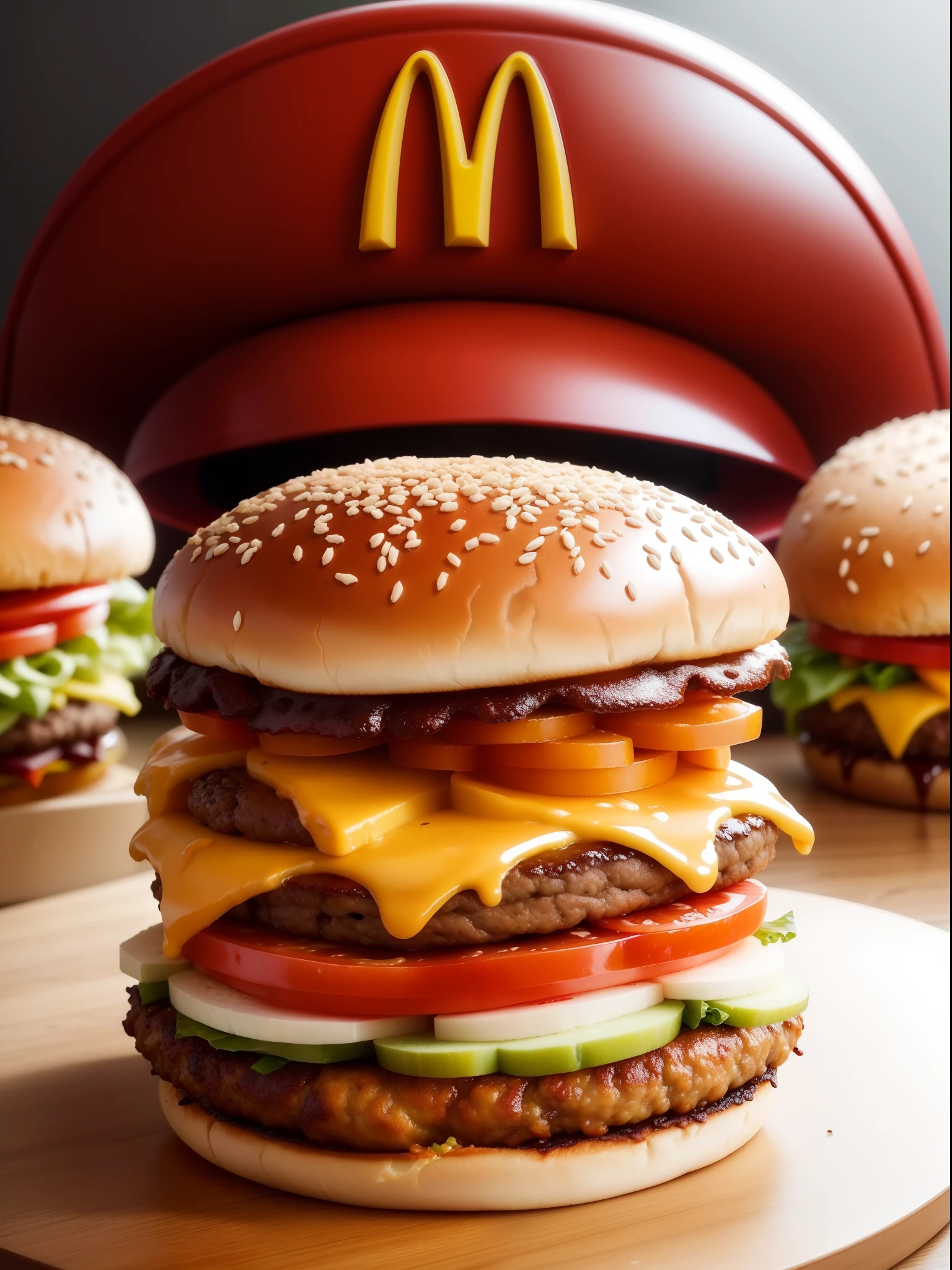 Create a hamburger with the detailed logo of a McDonald's-inspired burger, showcasing fresh ingredients, vibrant colors, and the McDonald's logo on a sesame seed bun, capturing the essence of the brand perfectly and appetizingly, Photorealistic, Photorealism, Full-HD, 1080p, 16k, Realistic, Hyperrealistic, Hyper Real, digital