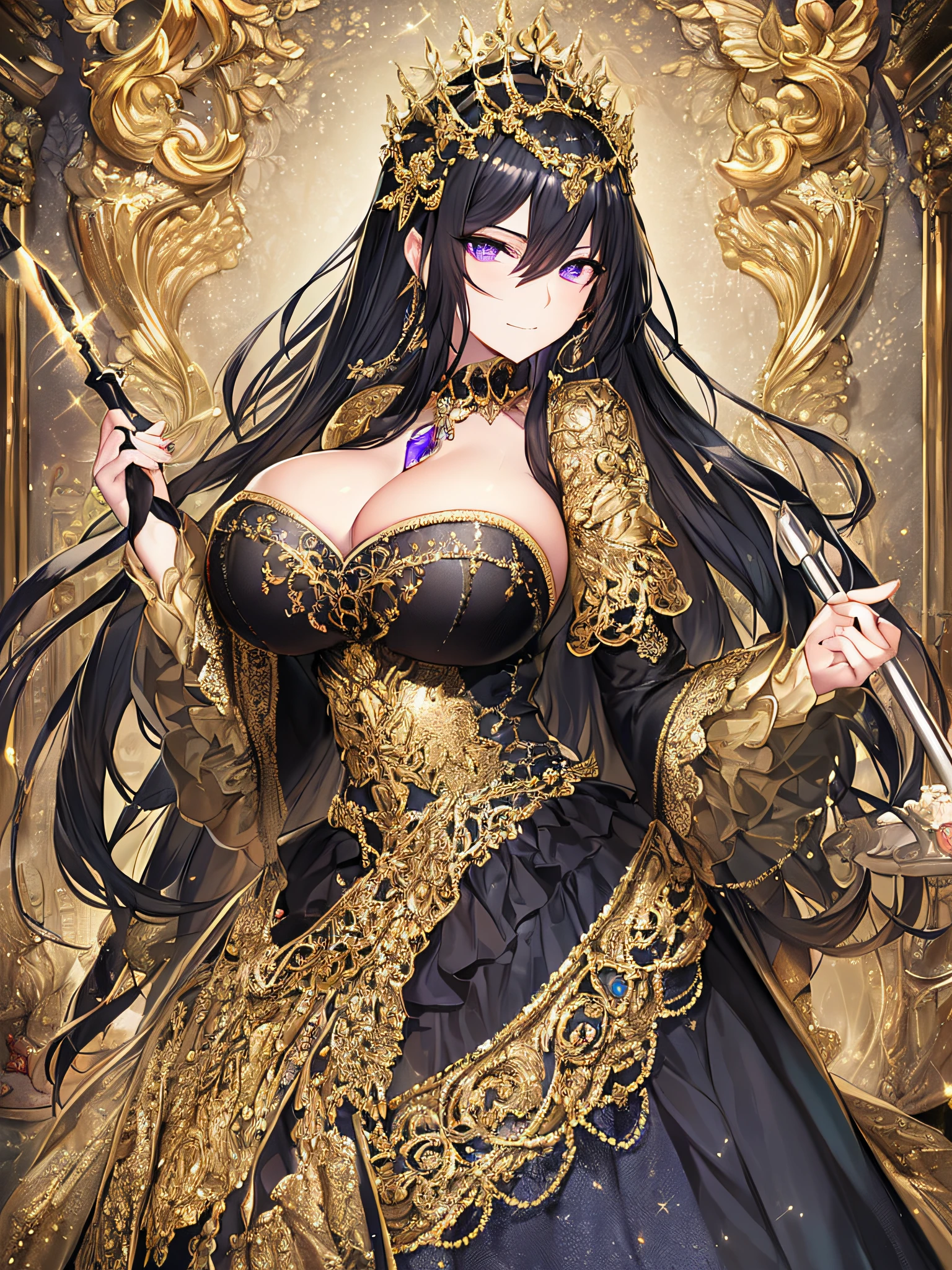 ((anime artstyle)),(Masterpiece),(Best Quality),(Super Detail),(Very Delicate and Beautiful),Solo,((full body)),((BlingBling)),((1 arrogant princess in beautiful embroidery black and gold gorgeous rococo ballgown with voluminous full length hoop skirt)),((crinoline)),gorgeousfull embroidery,Long train((arrogant,haughty)),(((arrogant smile))),Sharp eyes,(holding a luxurious scepter),((gorgeous gemstone jewelry)),detailed face and eyes,jewel-like eyes,Purple eyes,(Bangs between eyes),((large amount of straight hair,extremely Long voluminous black Hair)),((gigantic tits,Long tits)),gorgeousfull embroidery,cleavage,extremely gorgeousfull hair ornament,(bling-bling extremely gorgeousfull jeweled tiara),gorgeous corsage,(Dynamic Angle),Looking at viewer,((full body)),((beautiful embroidery and glitter jeweled black and gold gorgeous rococo ballgown with voluminous full length hoop skirt))