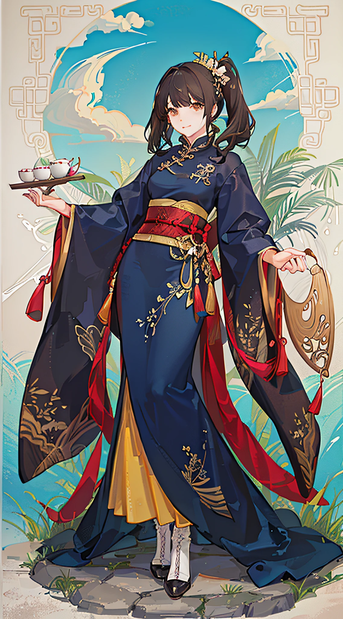 girl,full body,(detailed face:1.2), masterpiece, fashion,chinese dress,, medium hair, black hair, twintails, blunt bangs, brown eyes,