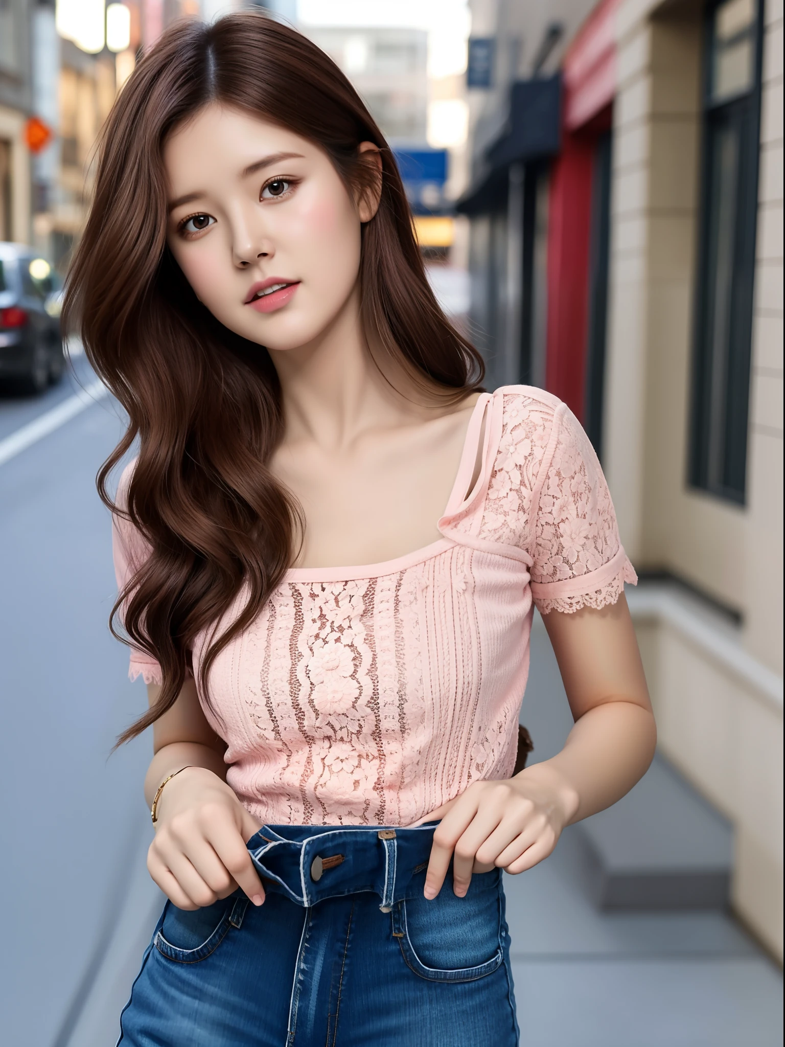 (pink lace bra, shirt lift, lifted by self:1.2), ((Best quality, 8k, Masterpiece :1.3)), Sharp focus :1.2, A pretty woman with perfect figure :1.4, Slender abs :1.2, ((Dark brown hair, Big breasts :1.2)),City street:1.2, Highly detailed face and skin texture, Detailed eyes, Double eyelid, (despise:1.5), skinny jeans, cowboy shot,
