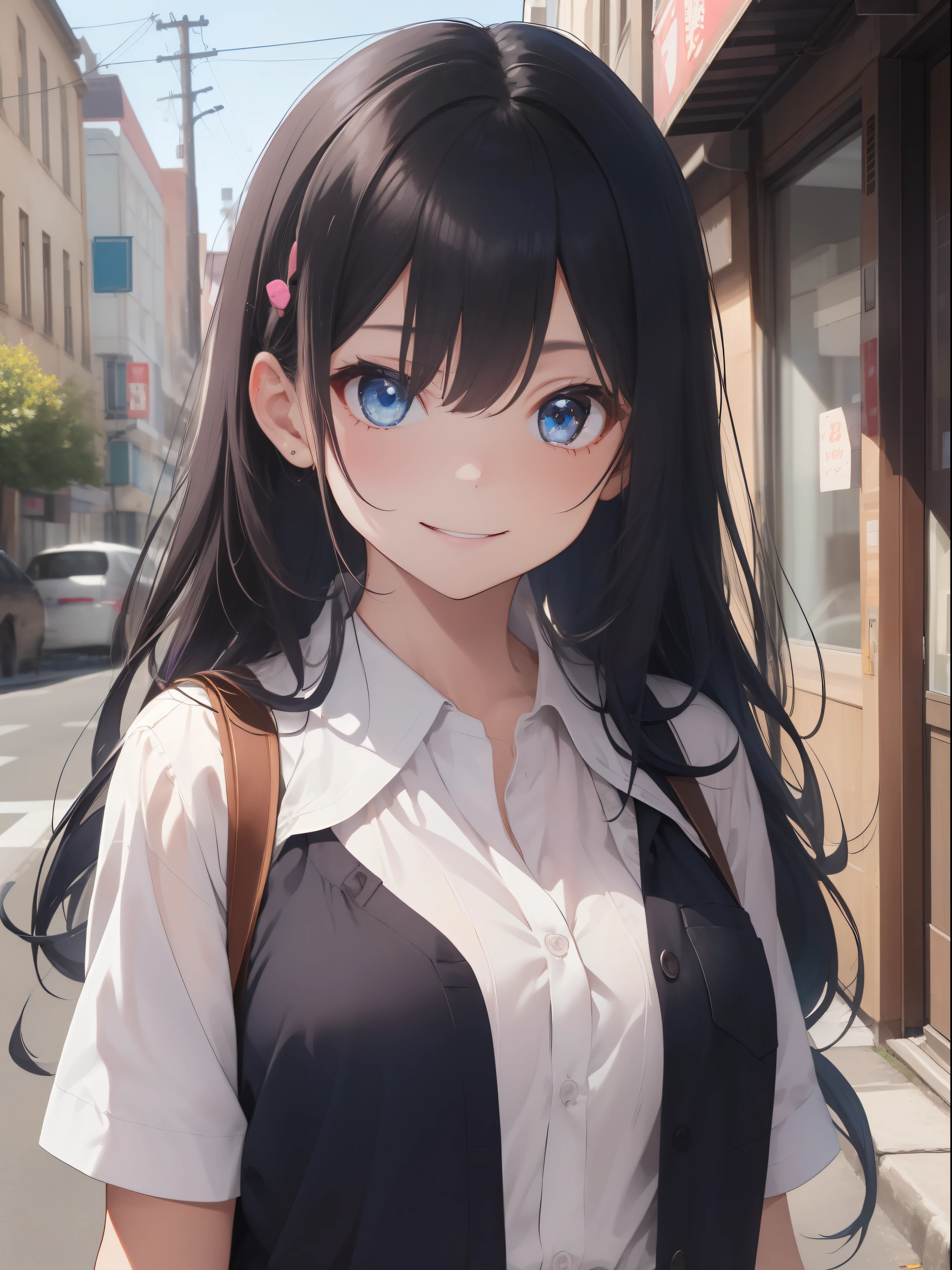 Anime girl with long black hair and blue eyes standing in the street ...