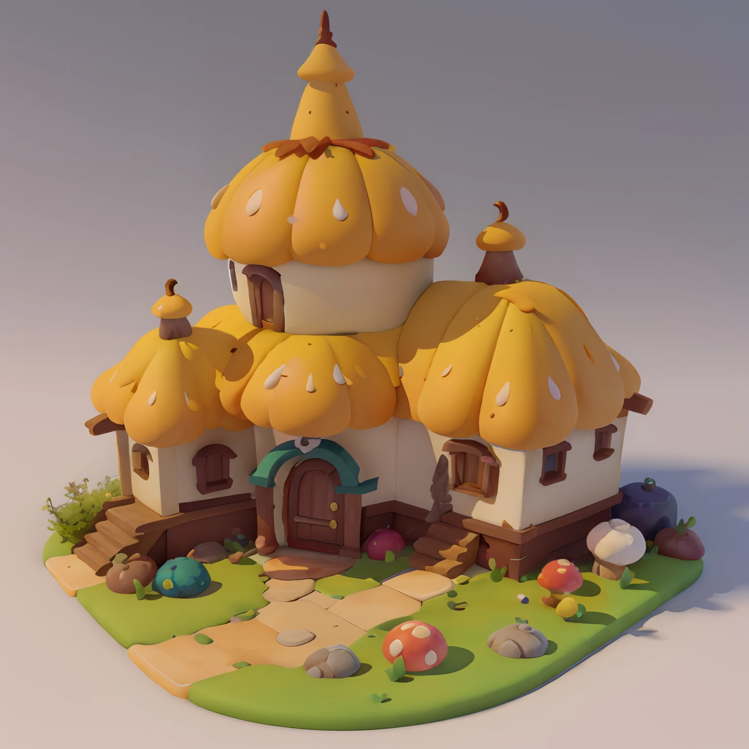 Game architectural design, Cartoony,mushroom house，Mushrooms match the architecture，casual game style, Mushroom-shaped building,  。.。.。.3D, blender，closeup cleavage，tmasterpiece，super detailing，best qualtiy