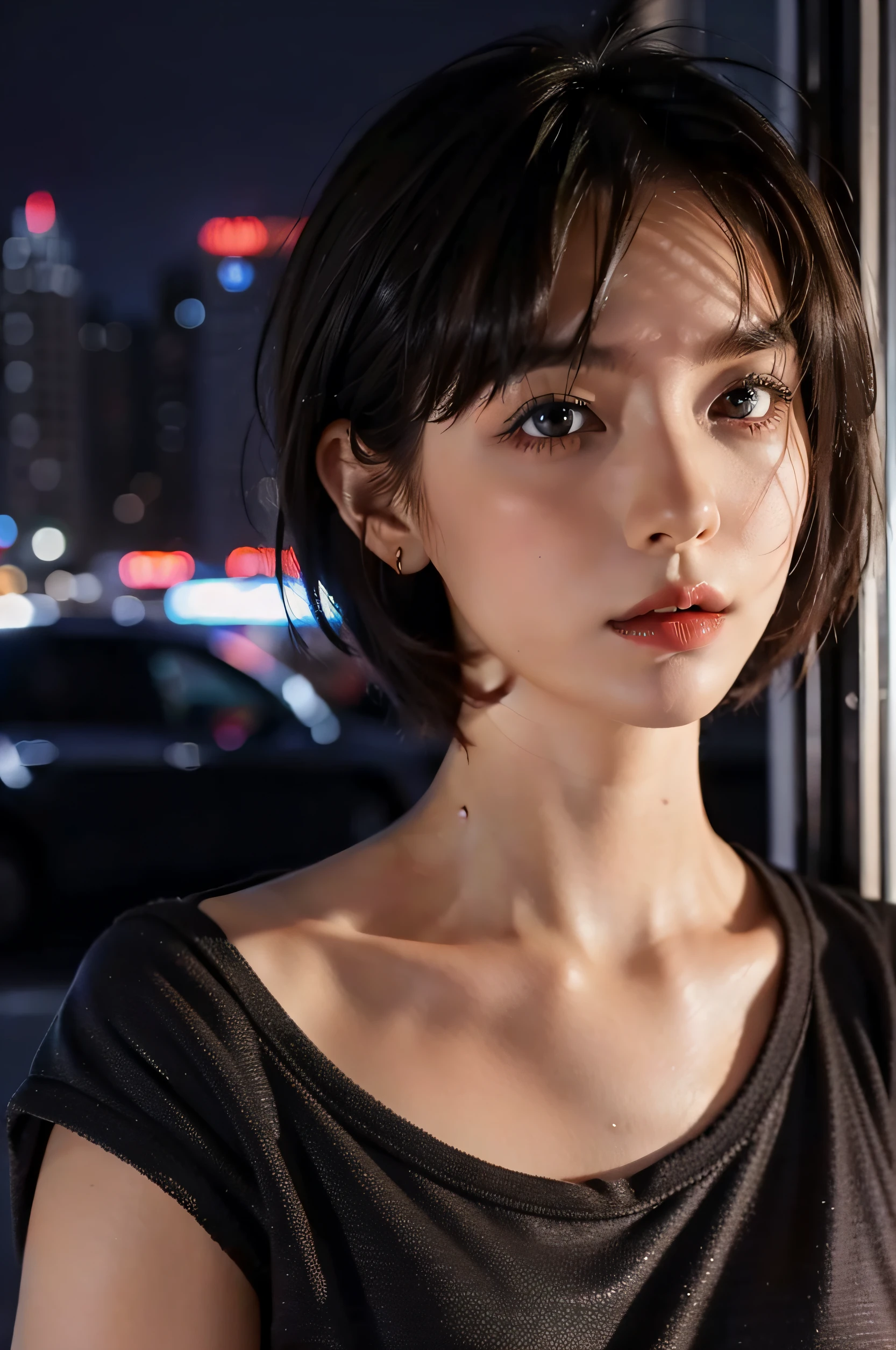 1girl、Tipha Lockhart、25 years old women、Shortcut Hair、natural make up、A well-groomed and beautiful small face、Bust B Cup、Looking at this、New York City at Night、Y shirt、